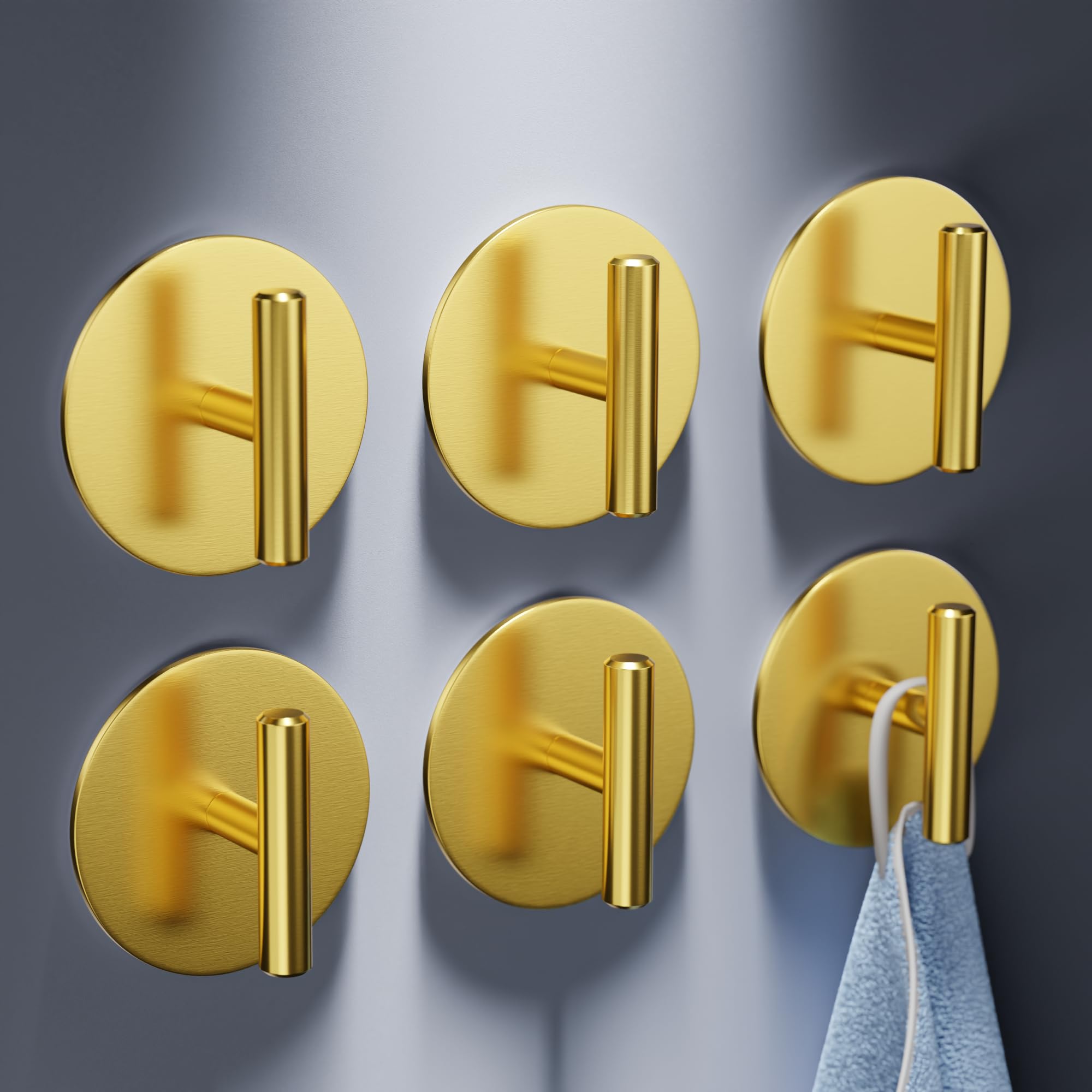 Aikzik 6 Pack Self Adhesive Hooks - 8kg Max, Stainless Steel Sticky Hook Heavy Duty, Hooks for Hanging for Towel, Coat, Key, Tea Towel Holder Stick on Bathroom, Kitchen, Door or Wall (Gold)