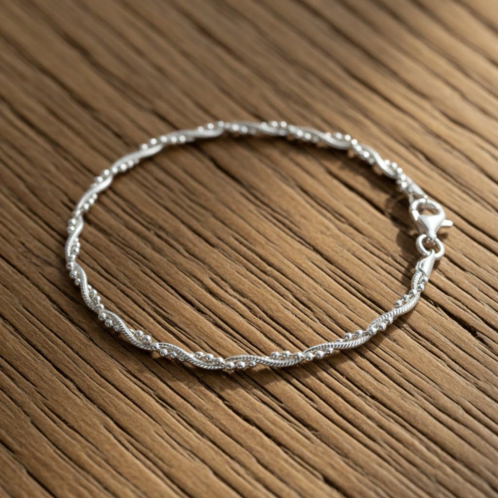 JewelryAffairs - Cavigliera intrecciata stile serpente e perline in argento Sterling (lunghezza: 22, 25, 28 cm), Argento, colore: argento