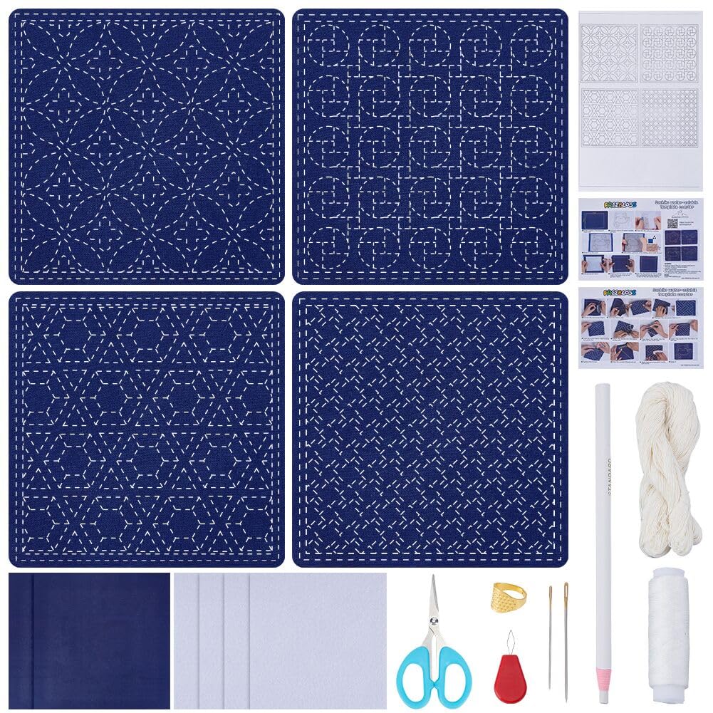 FREEBLOSS 4Set Sashiko Stencil Kit Sashiko Water Soluble Template Coaster Kit Sashiko Stencil Coaster Kit Sashiko Kit for Embroidery Lovers Stencil for Hand Quilting and Embroidery