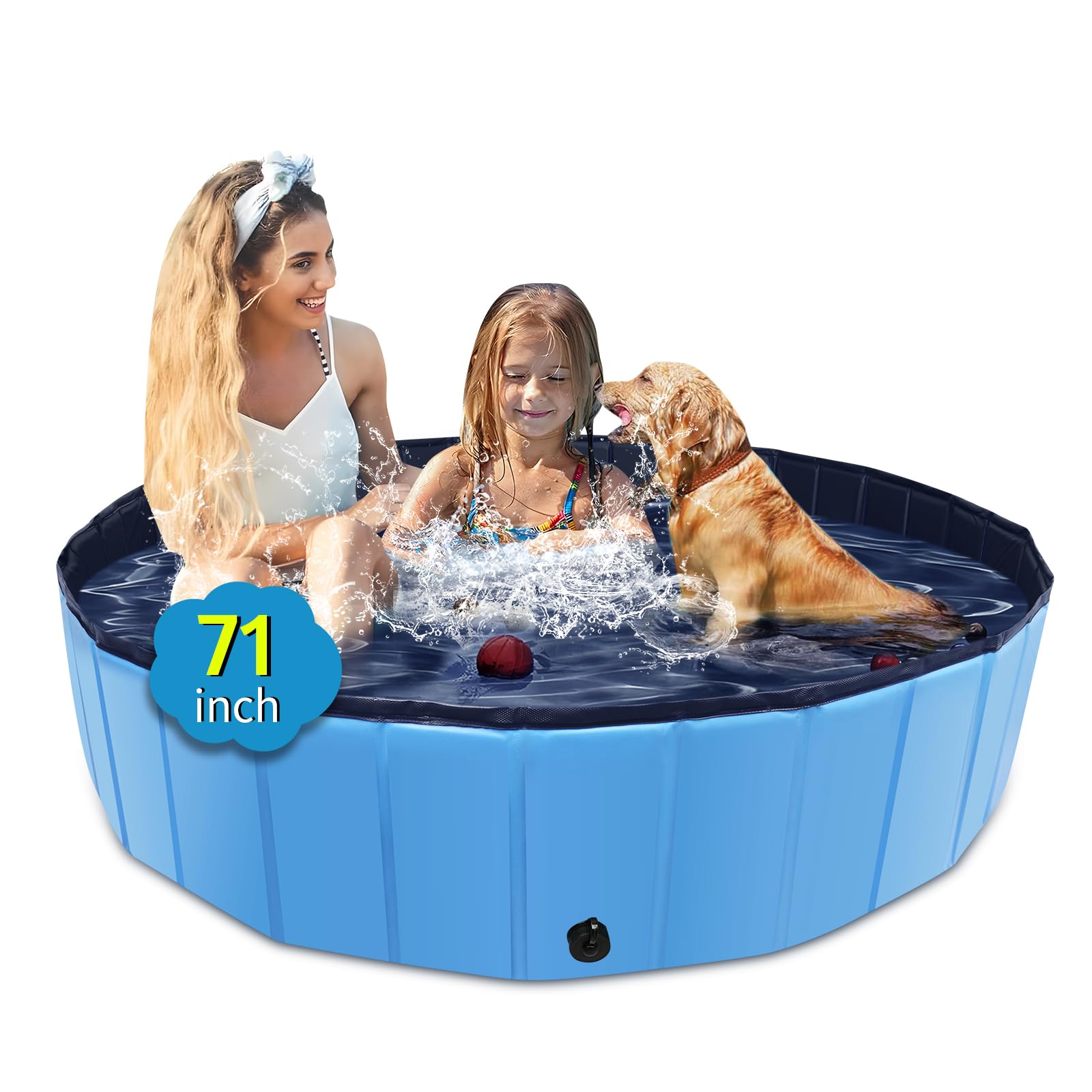 foldable dog pool, 71" x 14" large kiddie pool with hard plastic, non-slip dog bath tub for outdoor backyard, collapsible dog swimming pool for kids dogs pets (blue)