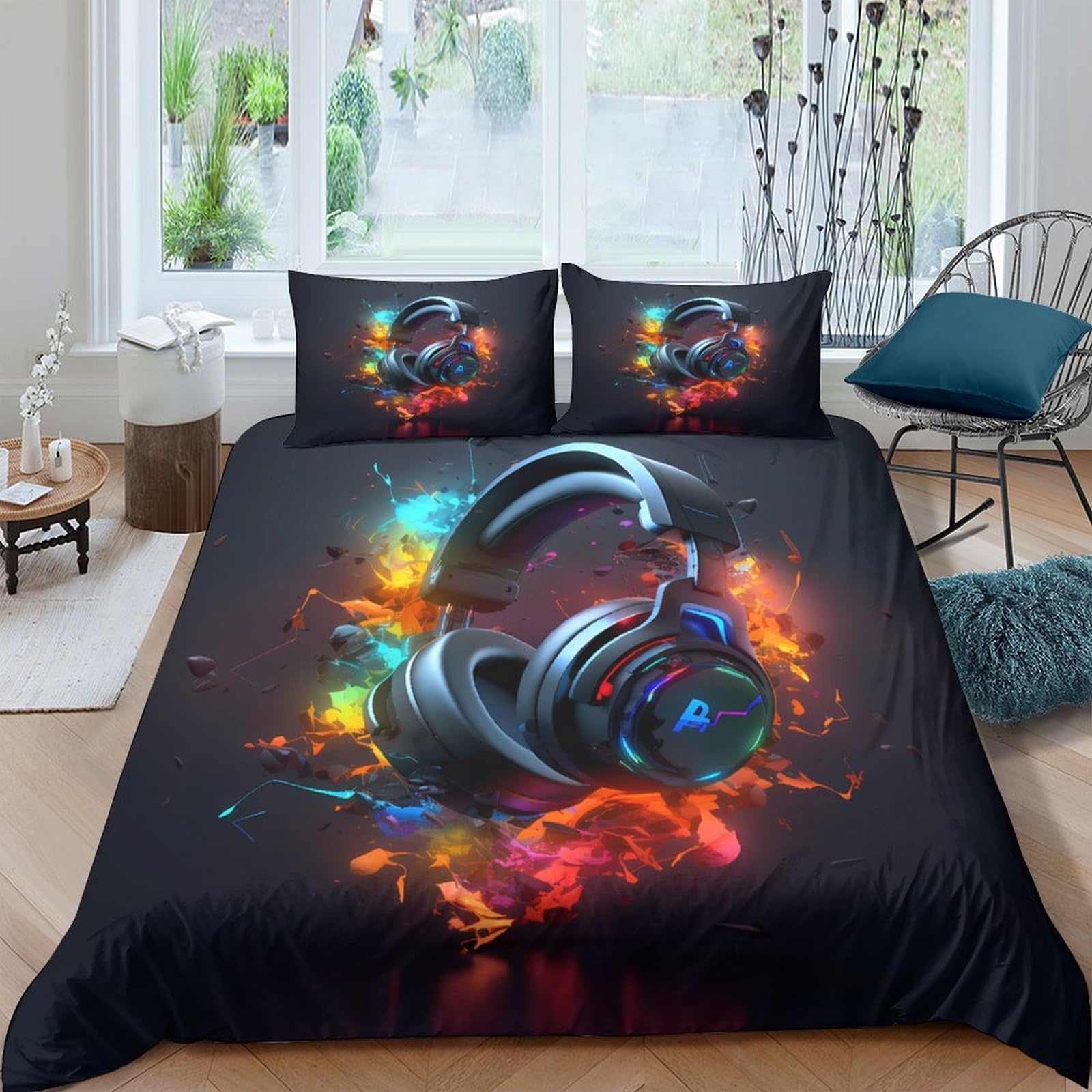 Ctjqhvkz Style-5 3D Printed Headphone Splash Fitted Sheet Microfiber Soft Vibrant Music Bed Cover Bedroom Decor Mattress Protection Single（135X200cm）