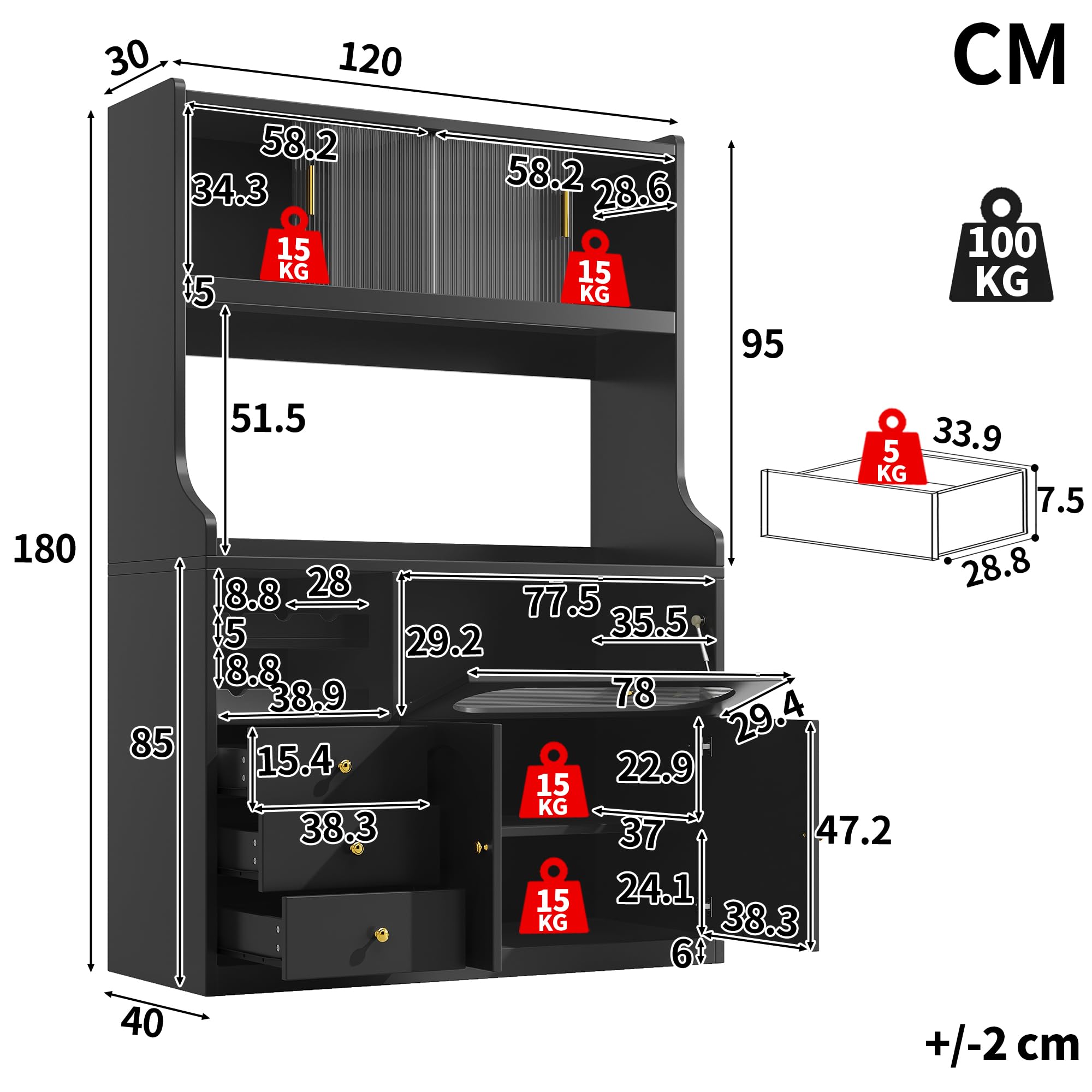 Mobile da cucina alto, 120 x 40 x 180 cm, con LED, cassetti e ante