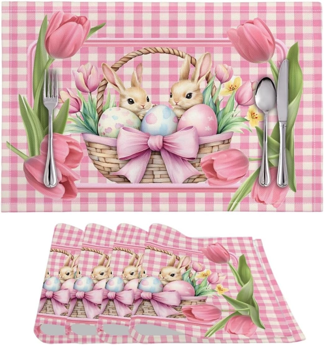 ENLACHIC Cute Bunny Easter Placemats Set of 4, 18x12 Inch Pink Tulip Floral Buffalo Plaid Spring Table Mats for Party Kitchen Dinner Holiday Easter Decoration