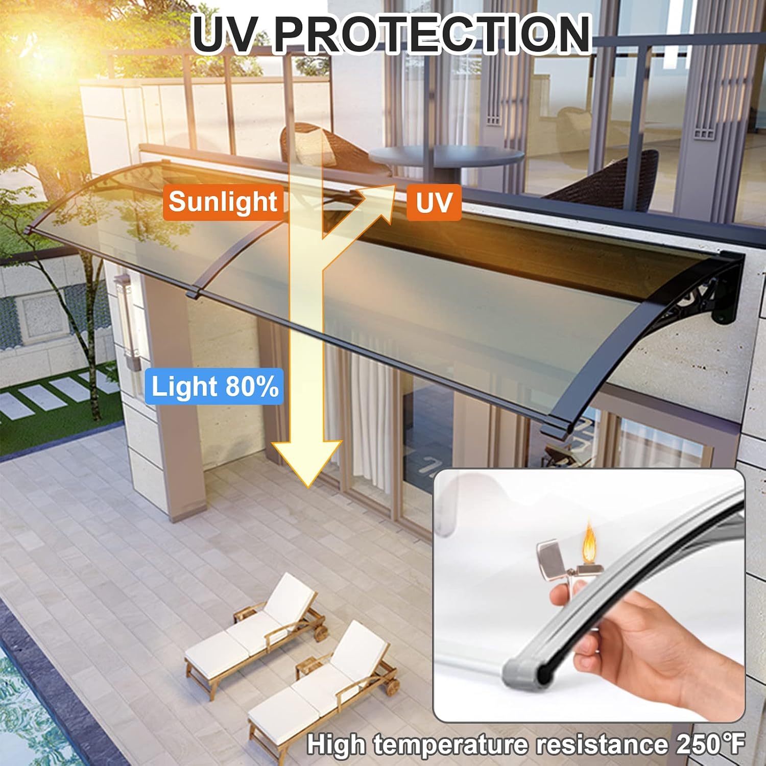 NURBAL Window Awning Door Canopy, Modern Design Polycarbonate Awnings for Patio for UV Sunlight Rain Snow Protection Awning, Door Canopy Sun Shelter with ABS & Aluminum Brackets 60x250cm/24x99in