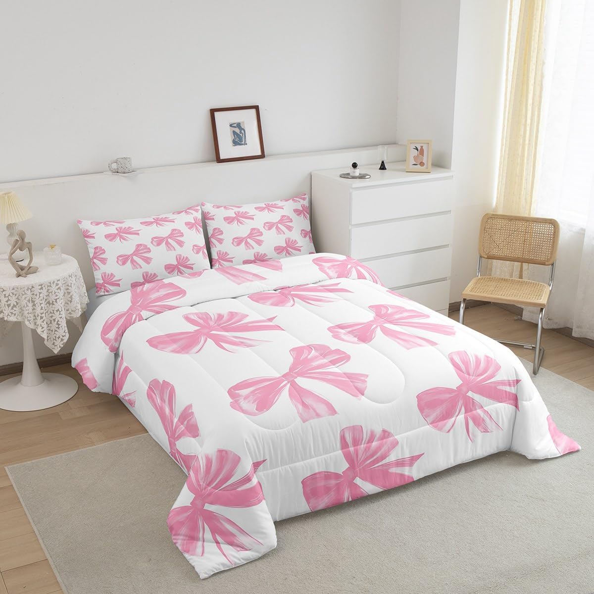 Erosebridal Pink White Bow Girls Down Comforter Cute Bowknot Bedding Set for Kids Teen Women,Kawaii Girly Bow Queen Comforter Set Watercolor Bow Quilt Set 2 Pillow Cases