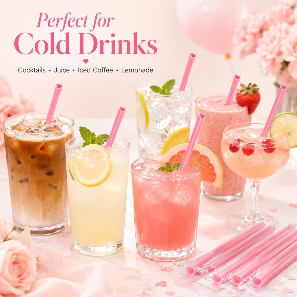 100 Pcs Heart Shaped Pink Straws, Individually Wrapped Disposable Plastic Drinking Straws, Cute Heart Straws for Valentines Day, Galentines Day, Bachelorette, Bridal Shower, Wedding, Cocktail Party