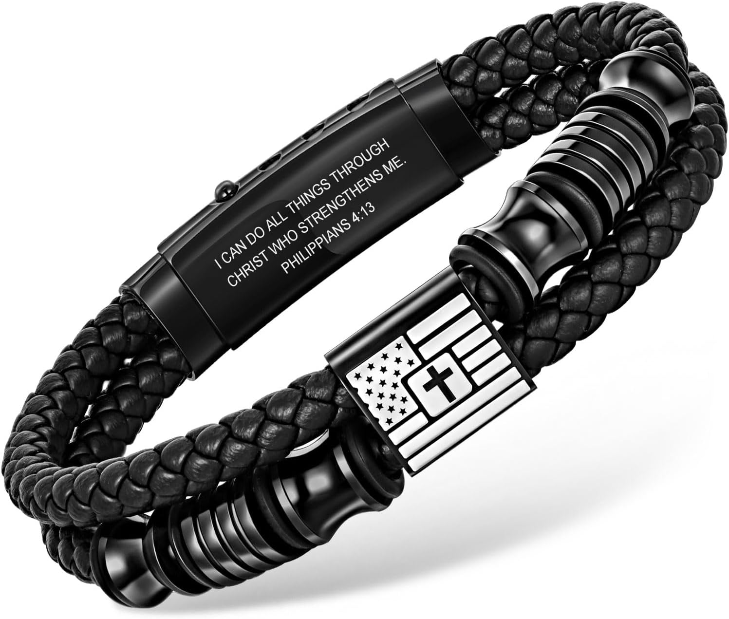 VNOX Cross Bracelet for Men - Double-Row Braided Leather Faith Bible Verse American Flag Bracelets for Men Jewelry Gift Religious Baptism Easter Gifts for Young Men Teenage,Adjustable Wristband