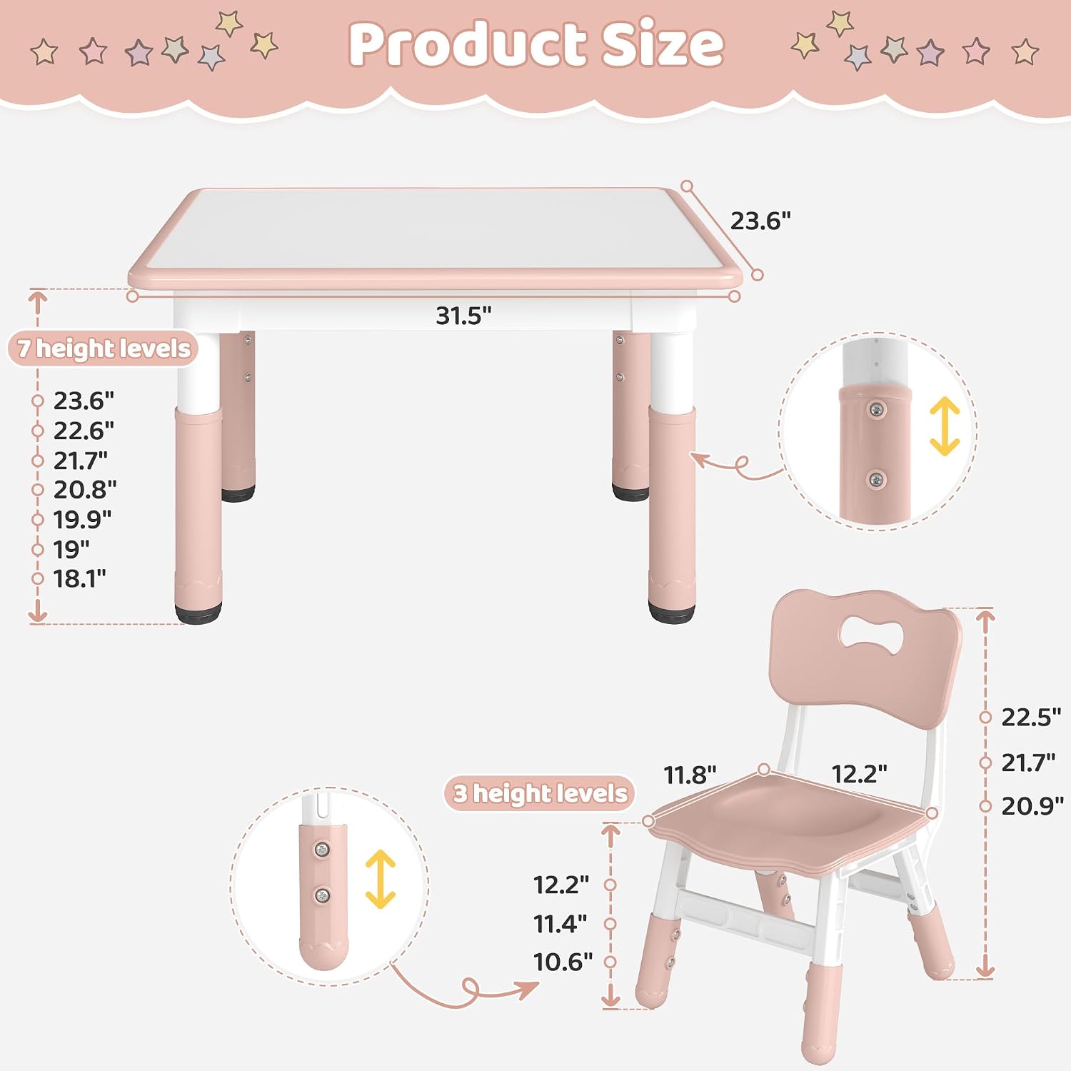 DOREROOM Kids Table and 2 Chairs Set, Height-Adjustable Toddler Table and Chair Set with Graffiti Desktop, 31.5''L x 23.6''W Children Activity Table for Daycare, Classroom, Home