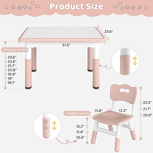 Miniatura 3 de DOREROOM Juego de mesa y 4 sillas para niños de altura ajustable, juego de mesa y silla para niños pequeños con superficie de graffiti, 31.5''L x