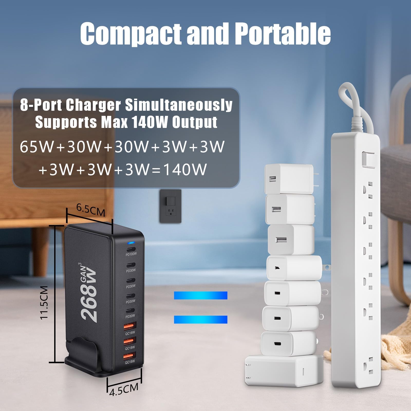 PINREK 268W USB C Charger Charging Station, 8-Port GaN Fast Type C Charger Adapter with 100W PD Ports - Universal Desktop Wall Plug for Laptop, MacBook, iPhone, Galaxy, iPad (Black)