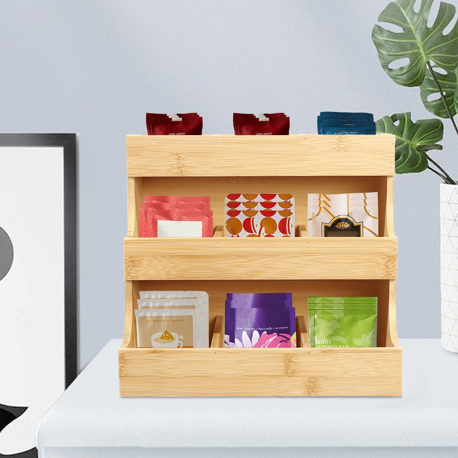 Organizador de 3 niveles con 9 compartimentos, de bambú, grande, natural, para ahorrar espacio, fácil de limpiar, adecuado para el hogar, la oficina, la casa