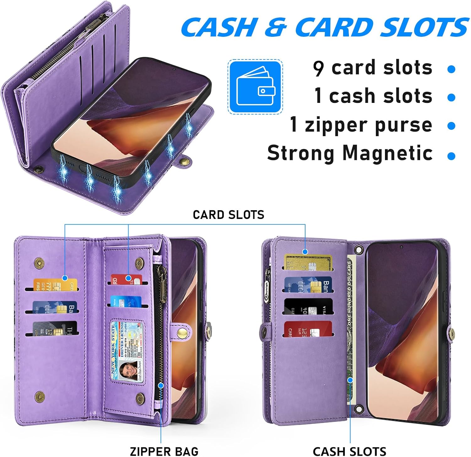 Asuwish Phone Case for Samsung Galaxy Note 20 Ultra 5G Zipper Wallet Cell Cover with Screen Protector Strap Flower Card Holder Note20 Plus Notes 20Ultra Note20+ U + 20+ Twenty Not S20 Women Men Purple