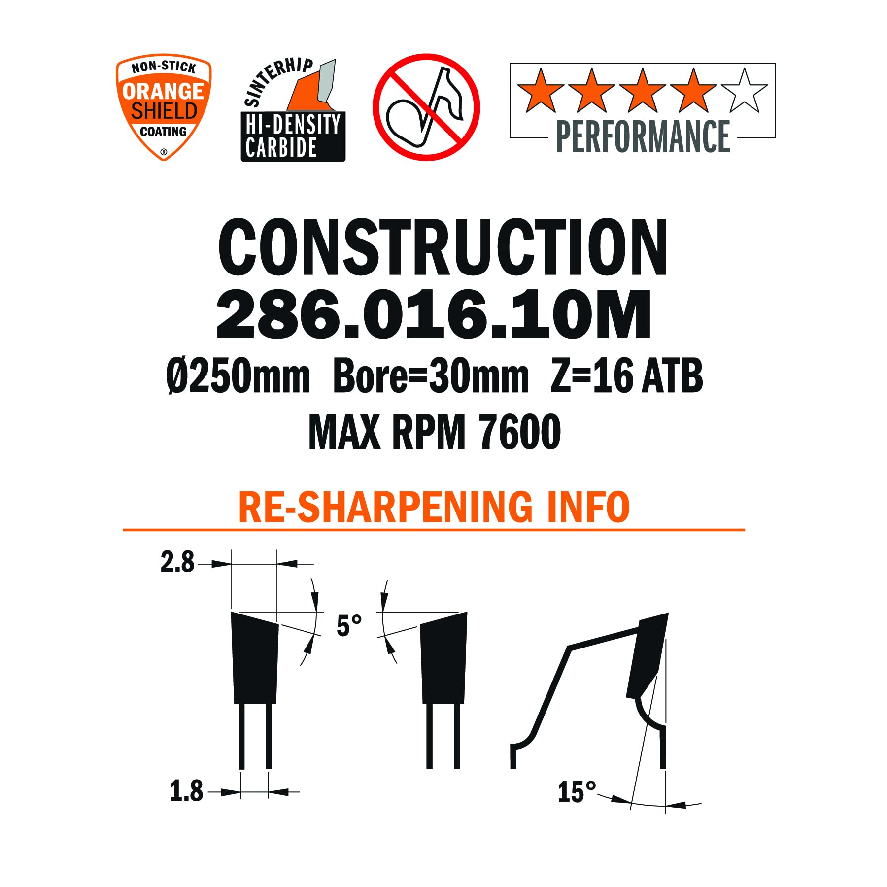 CMT 286.016.10M LAME CIRCULAIRE 250X2.8X30 Z=16 5'ATB