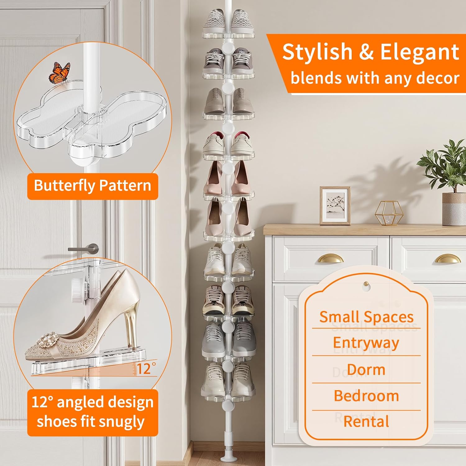 10-Tier Tension Pole Vertical Shoe Rack Tall Narrow Entryway,Amber image 5