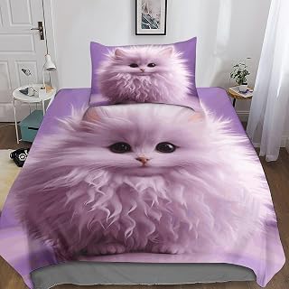 BYTUGI Cute Fluffy-ball Duvet Cover Sets Bedding & Linen Purple Single Duvet Cover Set 3D Bedroom Decor Single Bedding Microfiber 2 Pieces with Pillowcases for Boys Girls Easy Care