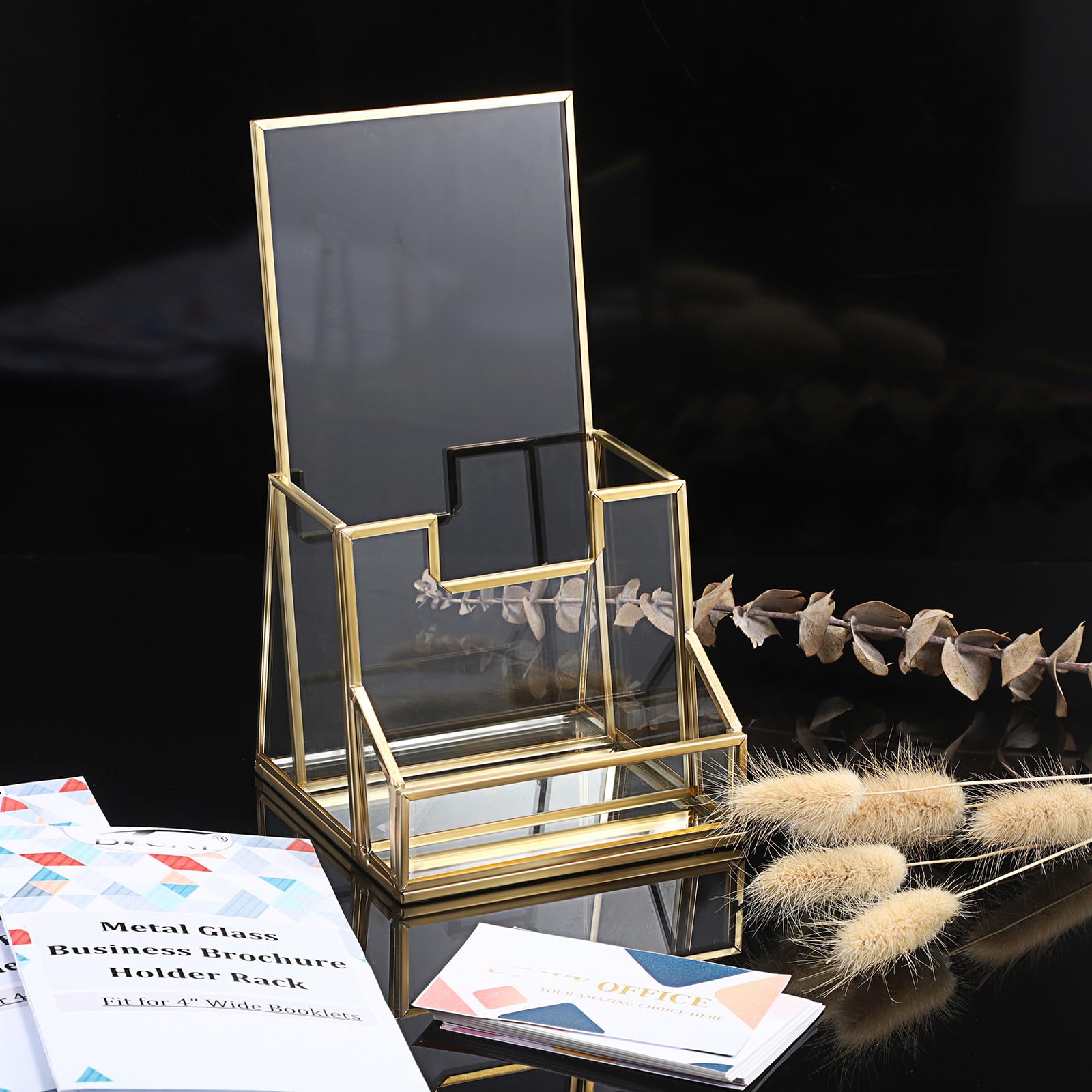 SUMTree Soporte para folletos con soporte para tarjetas de visita, soporte para folletos con tarjetero dorado, soporte para folletos de cristal transparente, organizador con tarjetero para exhibición