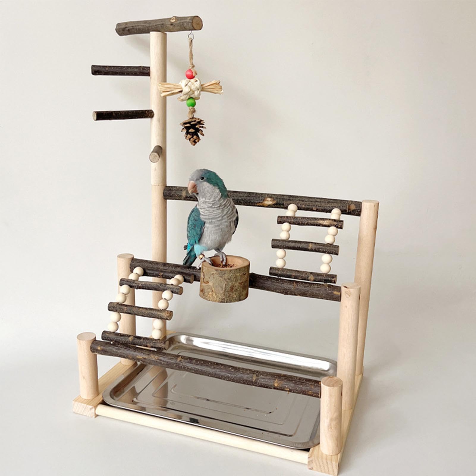 Supporto per uccelli, innovativo giochi per parrocchetti, 40 x 27 x 50 cm | in legno naturale, accessorio per gabbia con coppette per mangiare, posatoio per pappagalli per pappagalli, calopsitte