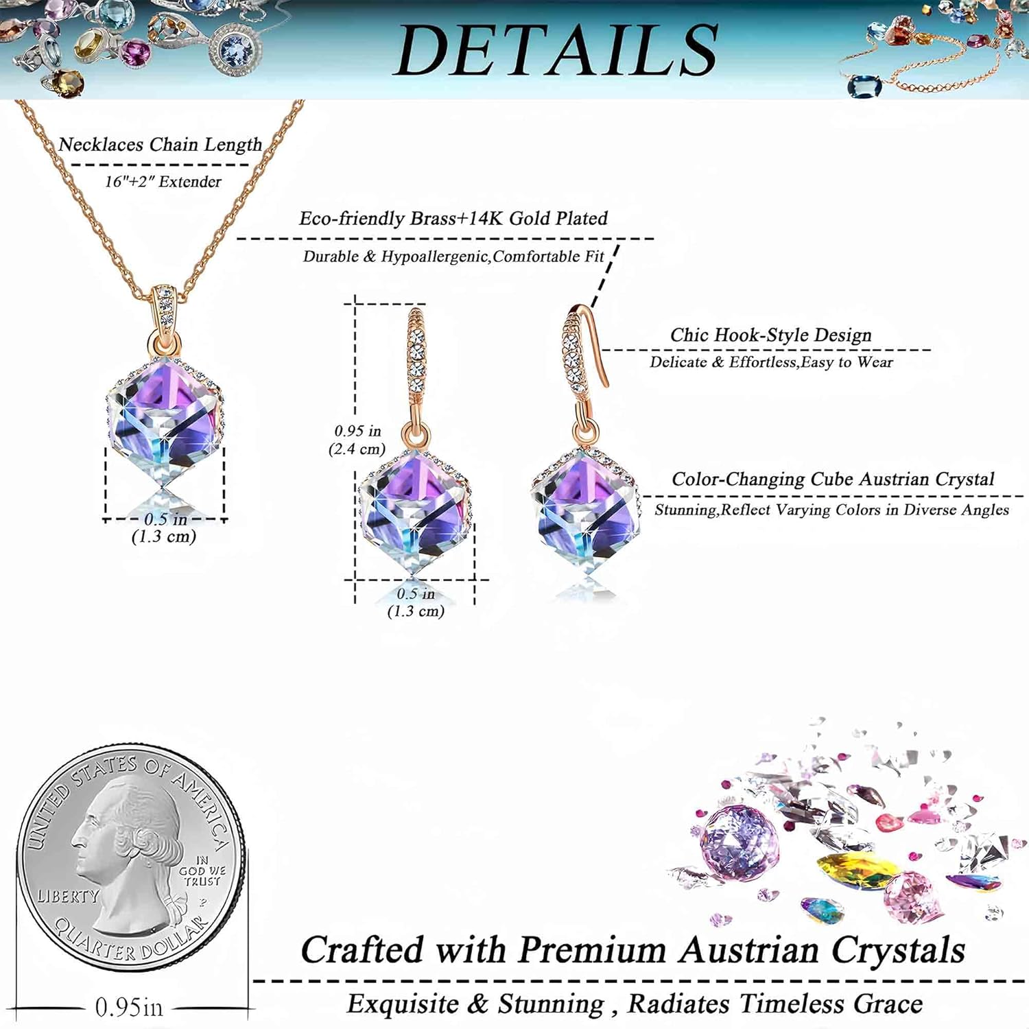 EVEVIC Colorful Cubic Austrian Crystal Pendant Necklace Earrings for Women 14K Gold Plated Hypoallergenic Jewelry Set - Image 4