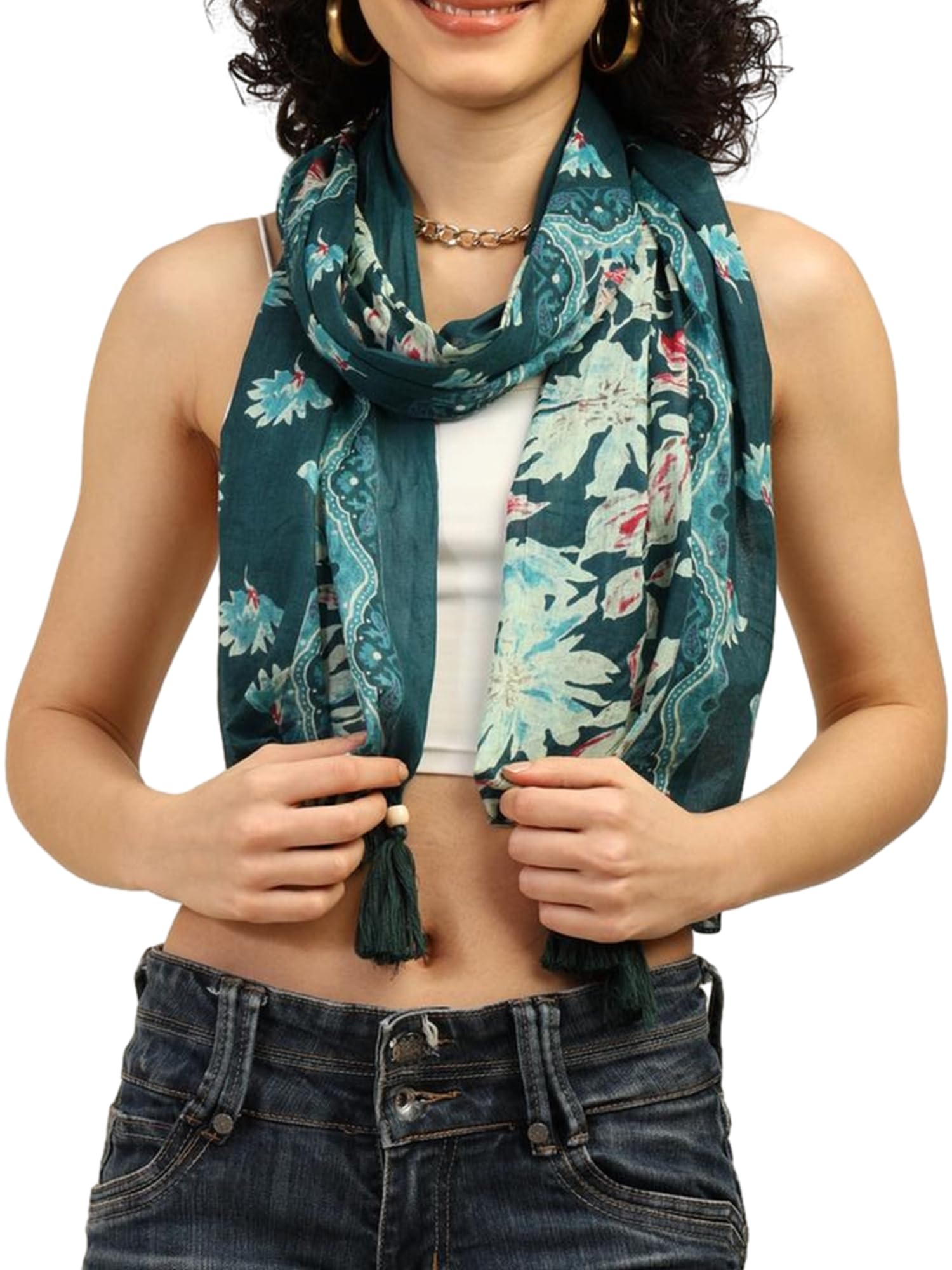 ke kanhaexports KE KANHA EXPORTS Scarf for Women Premium Cotton Boho | Dual Tone Border Print Stole with Tassels | Lightweight Summer Beach Wrap 180 x 50 cm-picture-29
