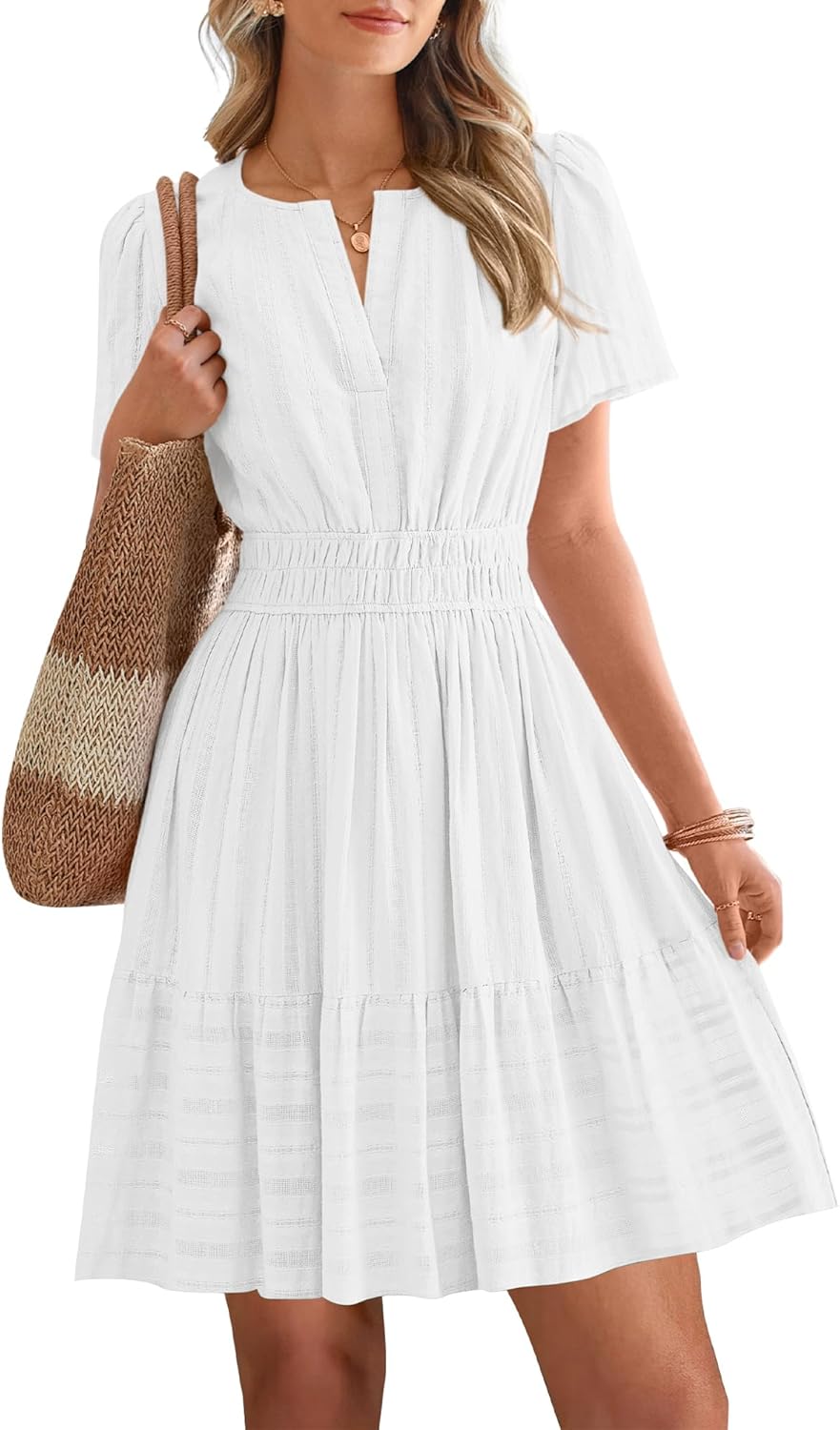 BTFBM Womens Spring 2026 Casual Mini Dresses Lightweight Short Sleeve V Neck Elastic Waist Cute Boho Beach Dress Pockets