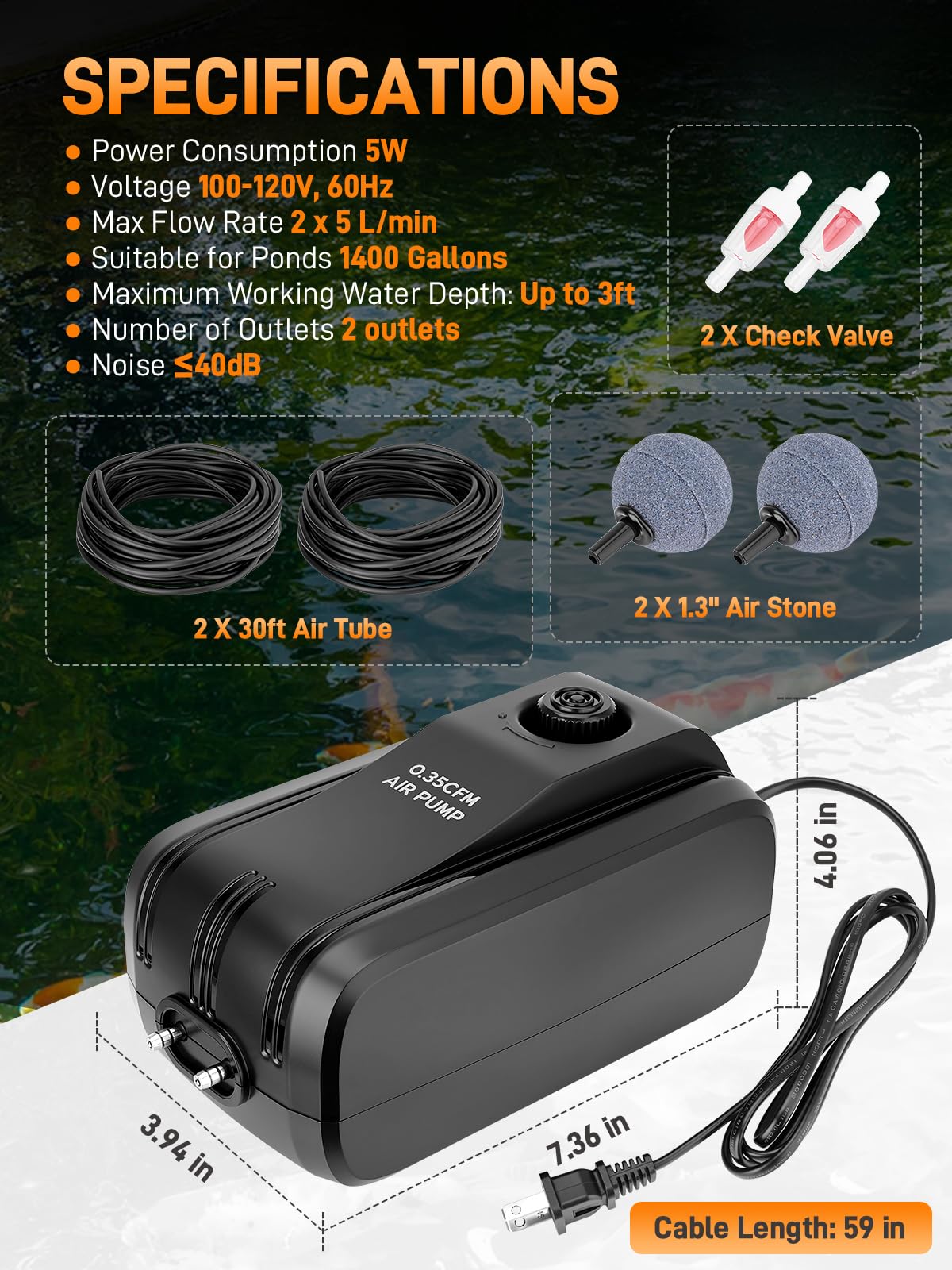 Aeratore per laghetto con 2 uscite, kit di aerazione per laghetto con tubi aerei da 9 m, 2 valvole di ritegno e pietre d'aria, pompe ad aria complete da 5 W, per piccoli laghetti fino a 1400 galloni e
