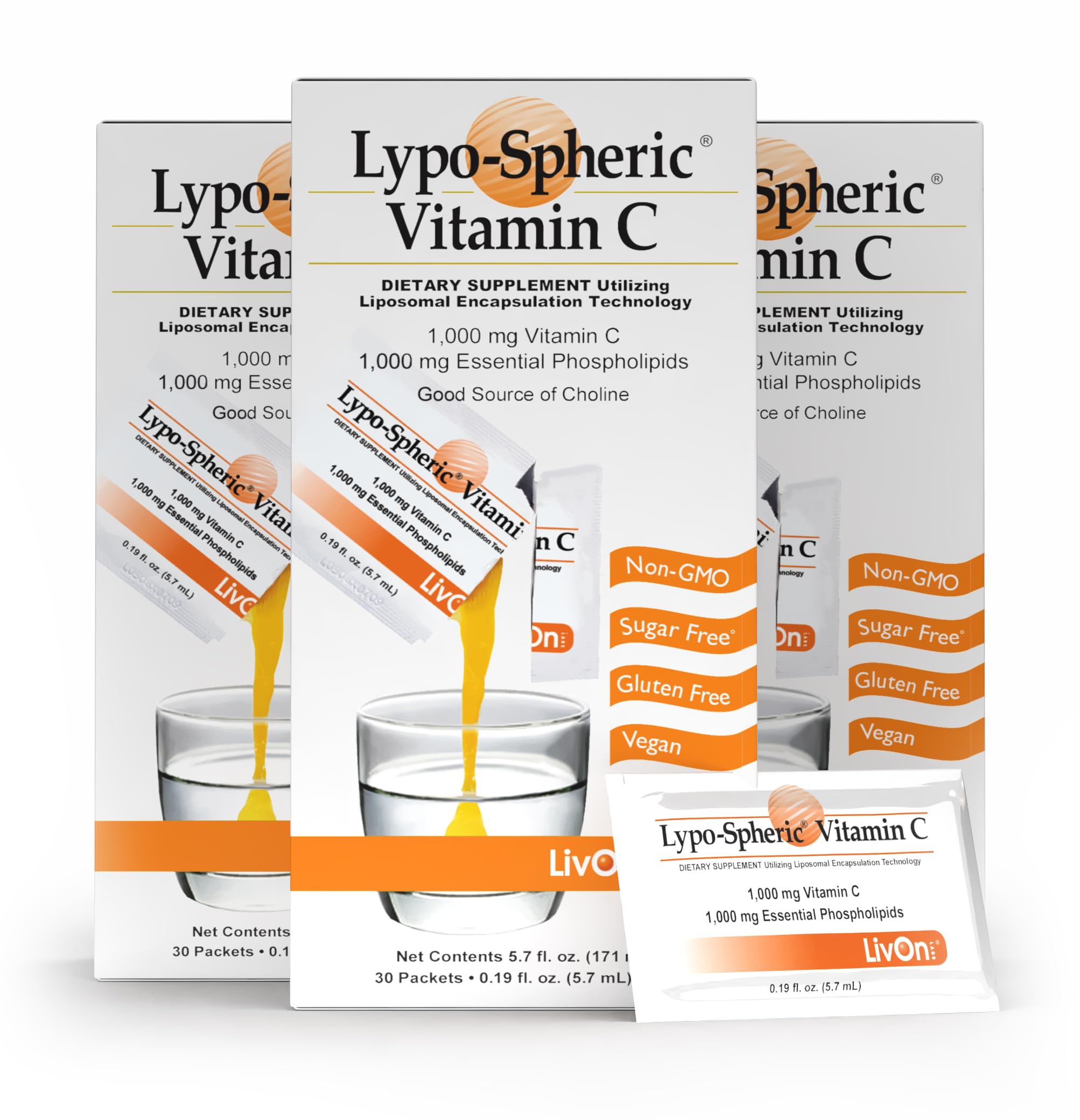LivOn Laboratories Lypo–Spheric Vitamin C – 3 Cartons (90 Packets) – 1,000 mg Vitamin C & 1,000 mg Essential Phospholipids Per Packet – Liposome Encapsulated for Improved Absorption – 100% Non–GMO 90 Count (Pack of 3)