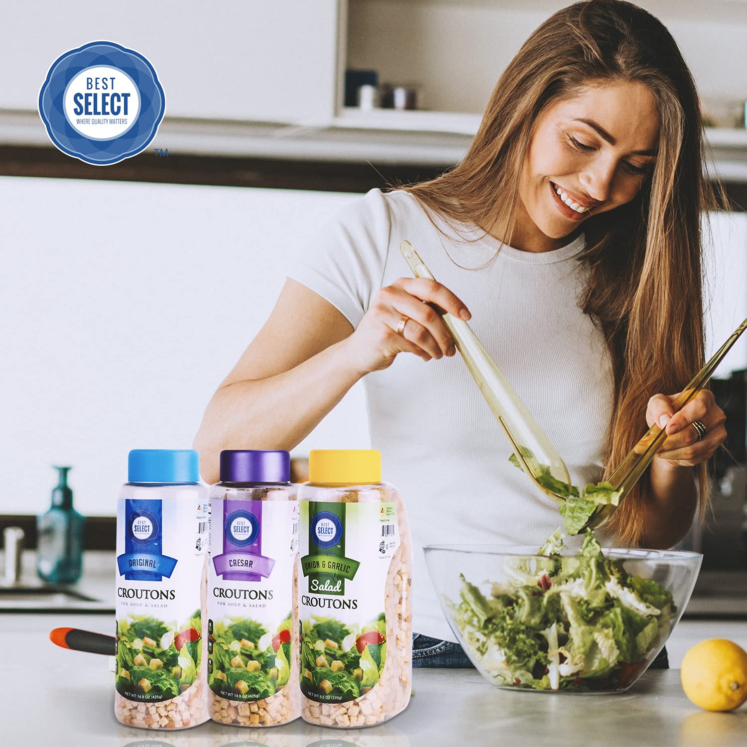 Best Select Mini Croutons for Soups and Salads - 2 Pack - 15 oz - Caesar Flavor - Kosher Non Dairy - Resealable Container - Add a Delicious Crunch to Your Next Meal : Everything Else