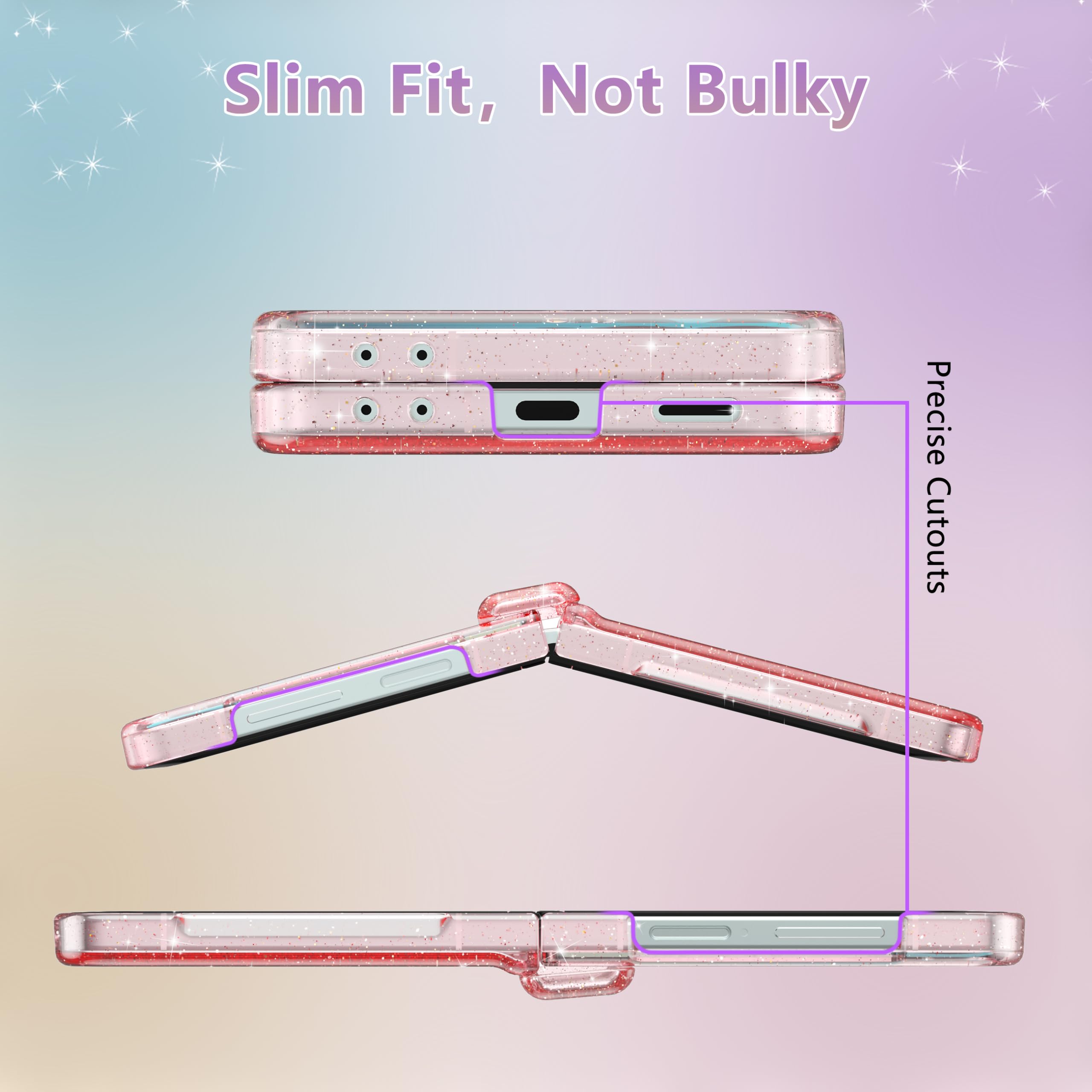 FABSPARK Schutzhülle für Samsung Galaxy Z Flip 7, integrierter Displayschutz, Scharnierschutz, funkelnder Glitzer, kristallklar, transparent, schmale Passform, Acryl, hartes Polycarbonat für Samsung Z