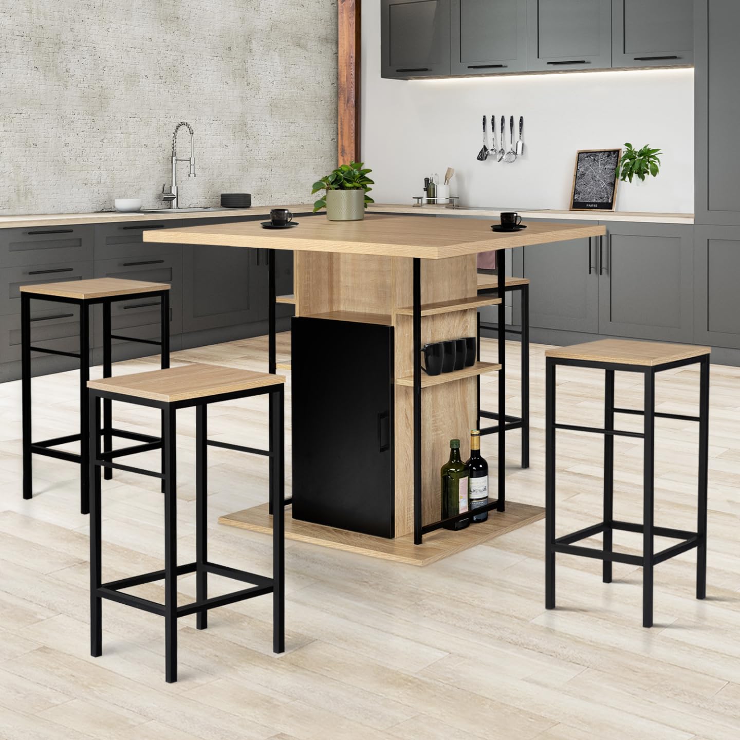 IDMarket - Ensemble ilot Central 110 cm Bois Noir et Imitation hêtre et 4 tabourets Design Industriel