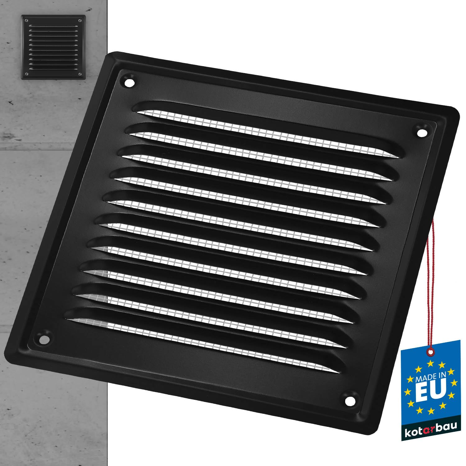 KOTARBAU® Kratka Wentylacyjna - 165 X 165 MM - Wentylacja z Siatką - Stal - Metalowa - Czarna