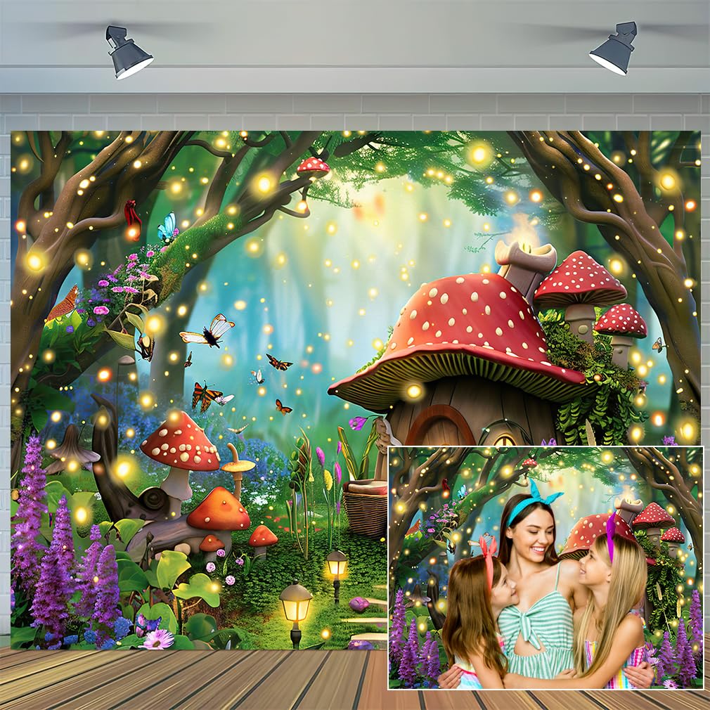 Enchanted Fairytale Forest Backdrop, 7 x 5 ft Mushroom Forest Background Kids Magic Forest Jungel Woodland Photography Backdrop Banner for Baby Shower