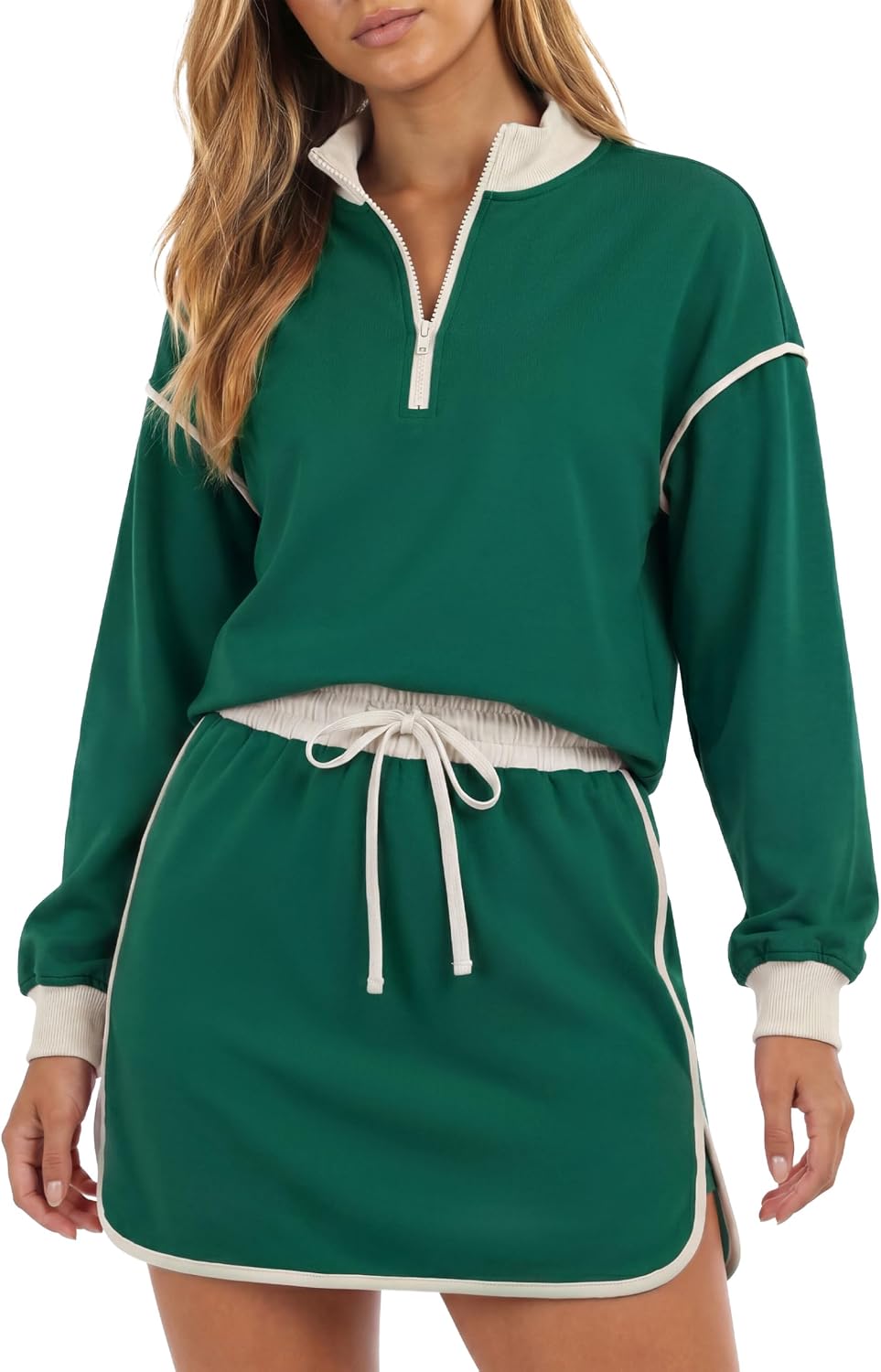 Womens 2 Piece Skirt Sets Athletic Quarter Zip Pullover Mini Skirt Matching Skort Sets Color Block Lounge Outfits