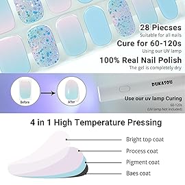 DUKASOU Semi Cured Gel Nail Strips, Summer Blue | 28 pcs Gel Nail Strips Work with Any UV Lamp, Salon Quality UV Nails Stickers, Easy to Apply for Home Nails DIY