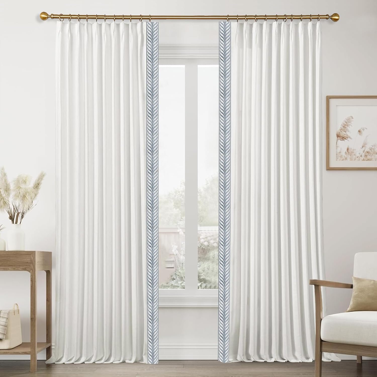 Embroidery Trim Linen Pinch Pleated Curtains, Gorgeous Window Panels with Light Filtering Lining for Living Rooms and Bedrooms. (2 Panels,Beige White V1,40Wx96L)