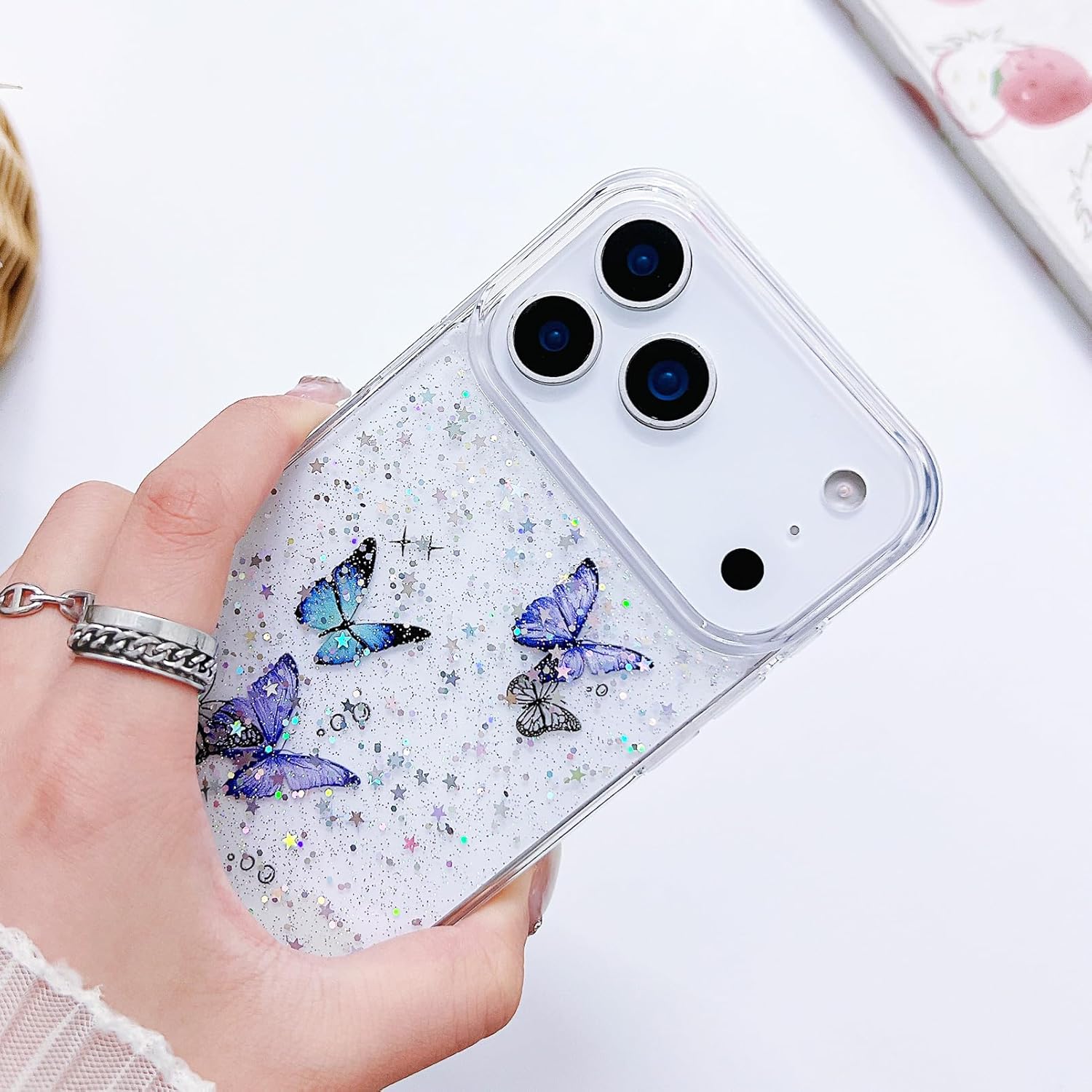 Compatible iPhone 17 Pro Case Clear Butterfly Women Girls Flexible TPU Stars Sparkle Glitter Anti-Scratch Shockproof Protective Phone Cover for iPhone 17 Pro (Purple Butterfly) - Image 4