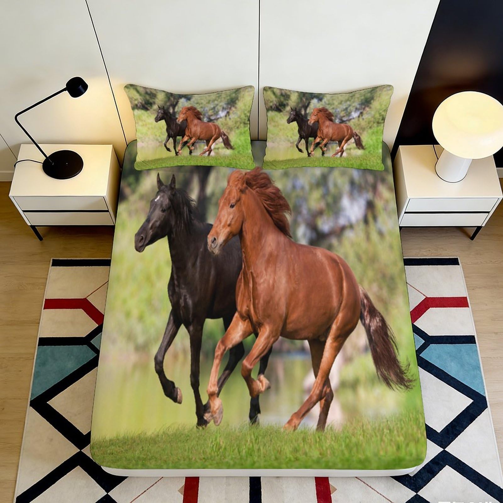 3D Printed Horse Pattern Fitted Sheet Microfiber Deep Pocket Non-Slip Bed Wrap Horse Mattress Fitted Cover for Bedroom Teens Adults 200x200x25cm 90x200x25cm