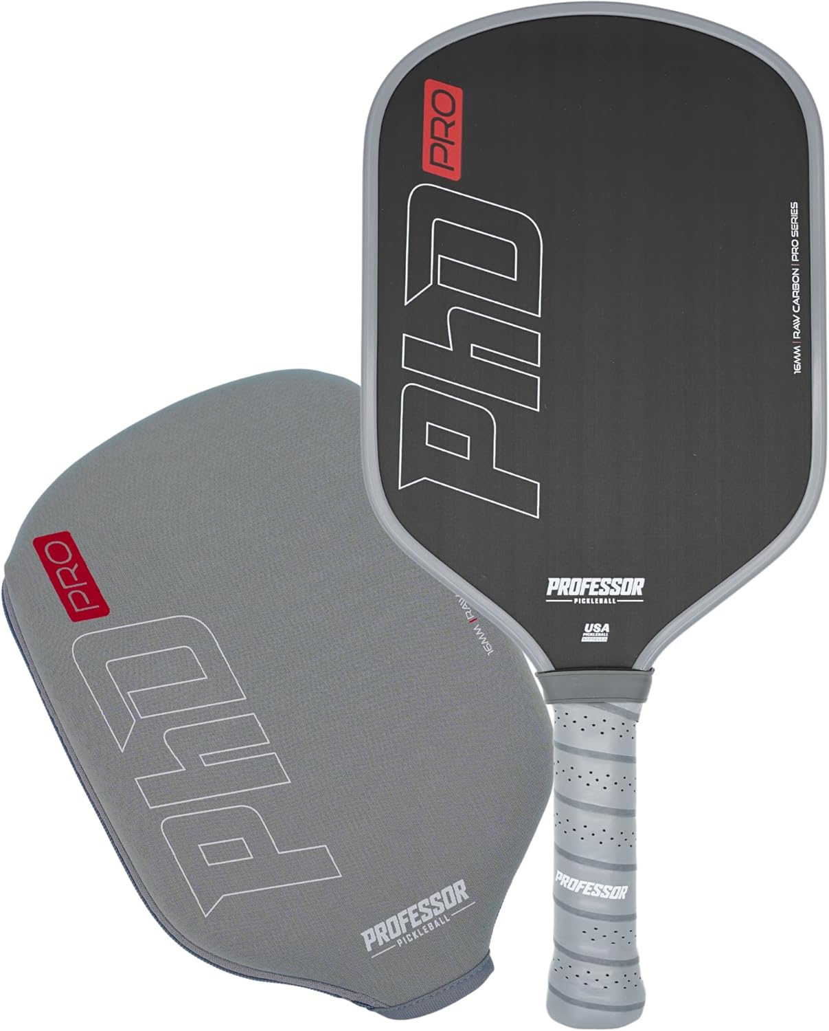 Professor PhD Raw Carbon Fiber Premium Pickleball Paddle Racket - USA Pickleball Approved - Honeycomb Core - Power & Control