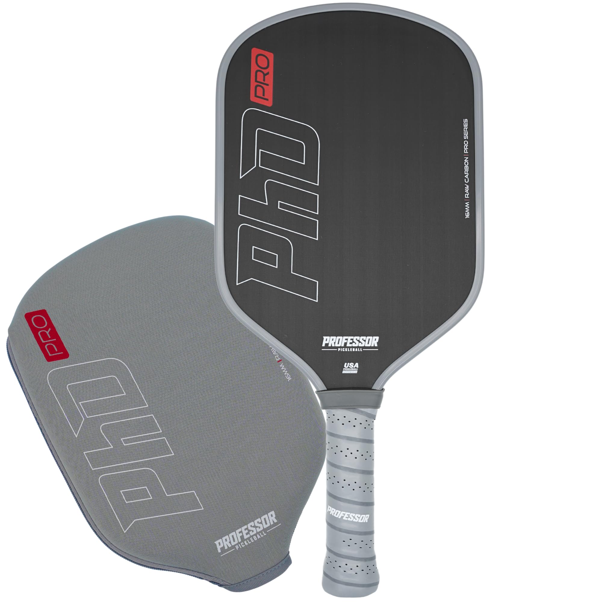 Professor PhD Raw Carbon Fiber Premium Pickleball Paddle Racket - USA Pickleball Approved - Honeycomb Core - Power & Control