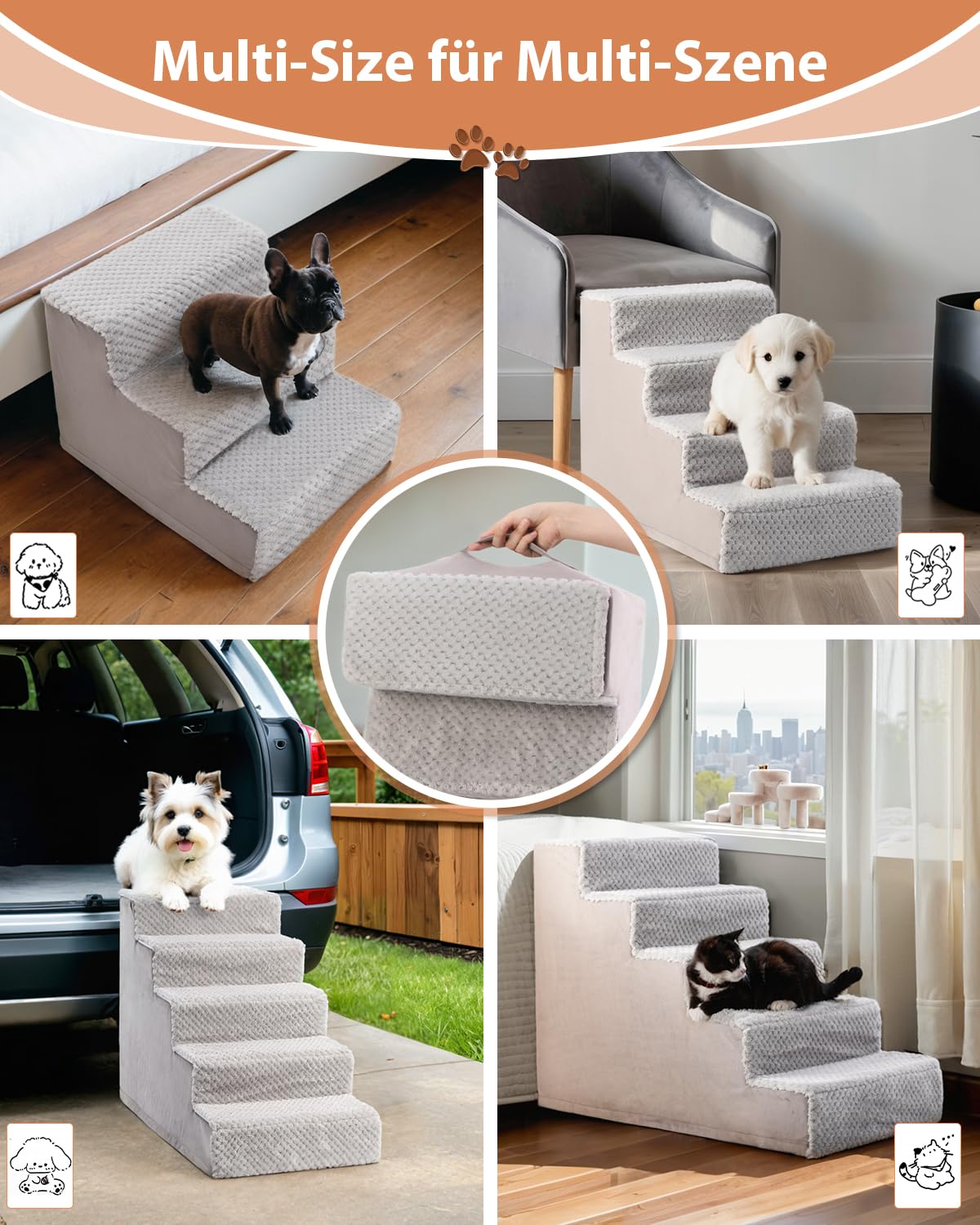 KSIIA Hundetreppe für Kleine Hunde 44cm Hoch, Haustiertreppe mit Abnehmbarem Waschbarem Bezug, Katzentreppe für Alte Katzen Hunde, Rutschfestem Hunderampe Hundetreppe für Bett Sofa, Grau