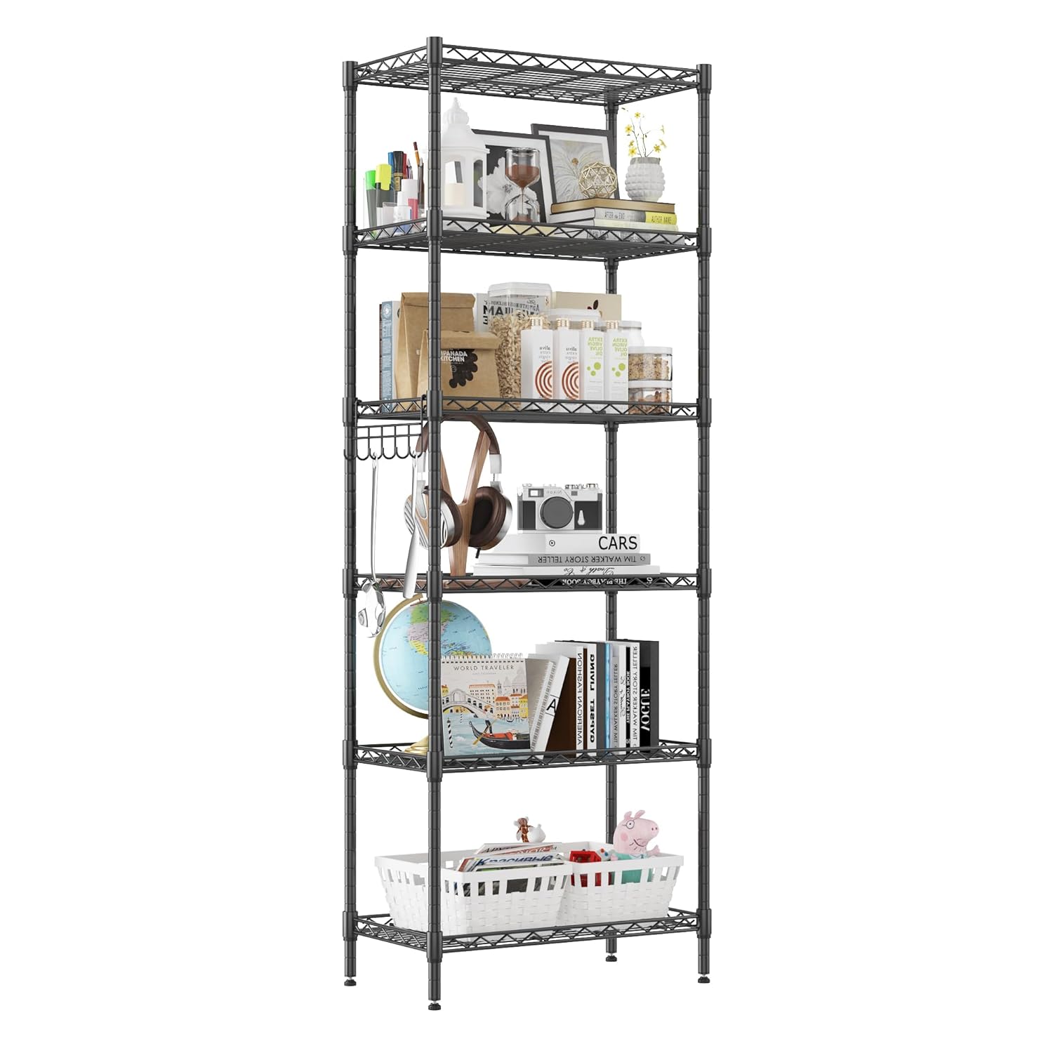 Homdox 6-Tier Storage Shelf Wire Shelving Unit Free Standing Rack Organization Adjustable Leveling Feet, Stainless Side Hooks, Black