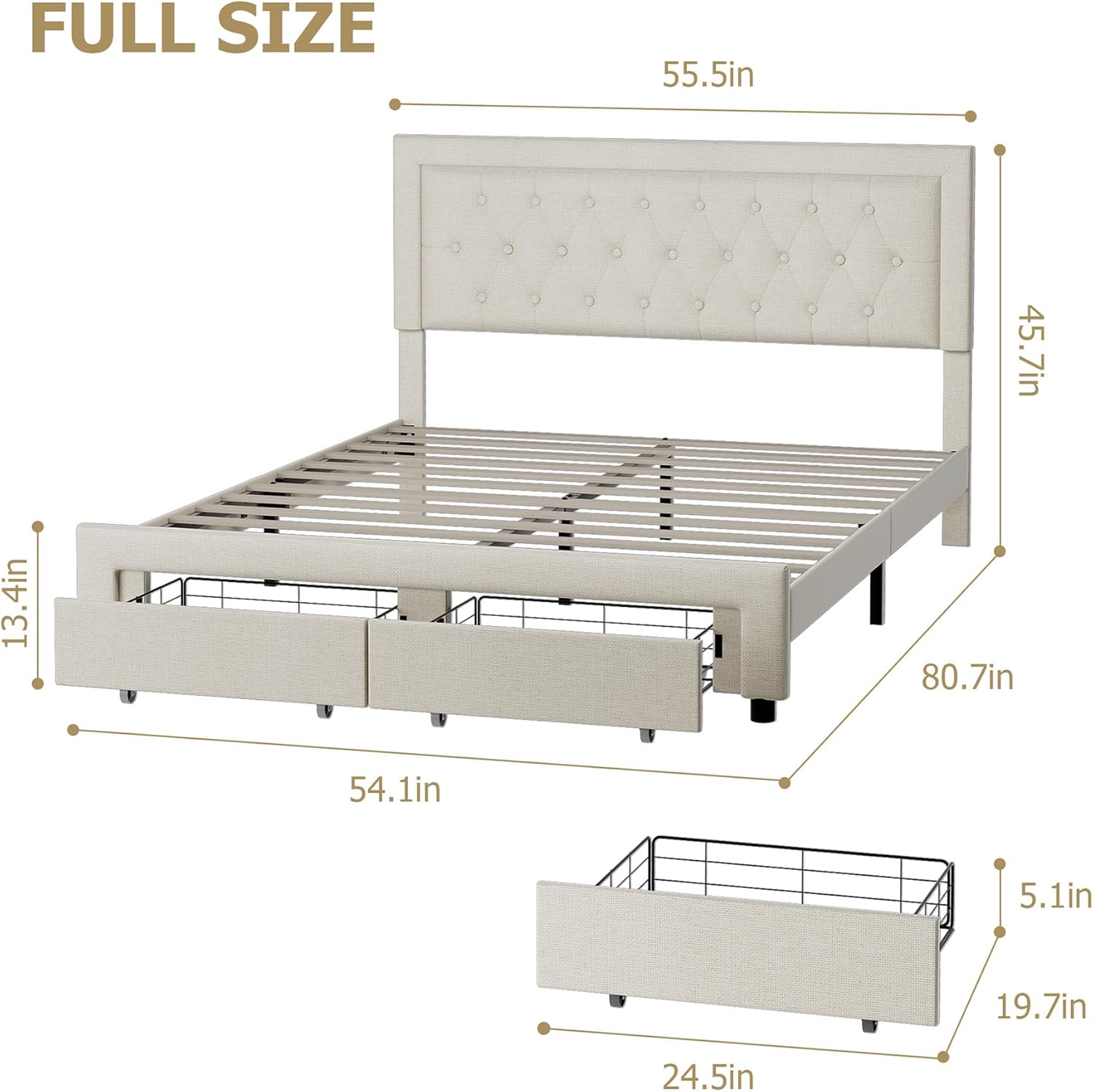 Detailed dimensions of the full bed frame and storage drawers.