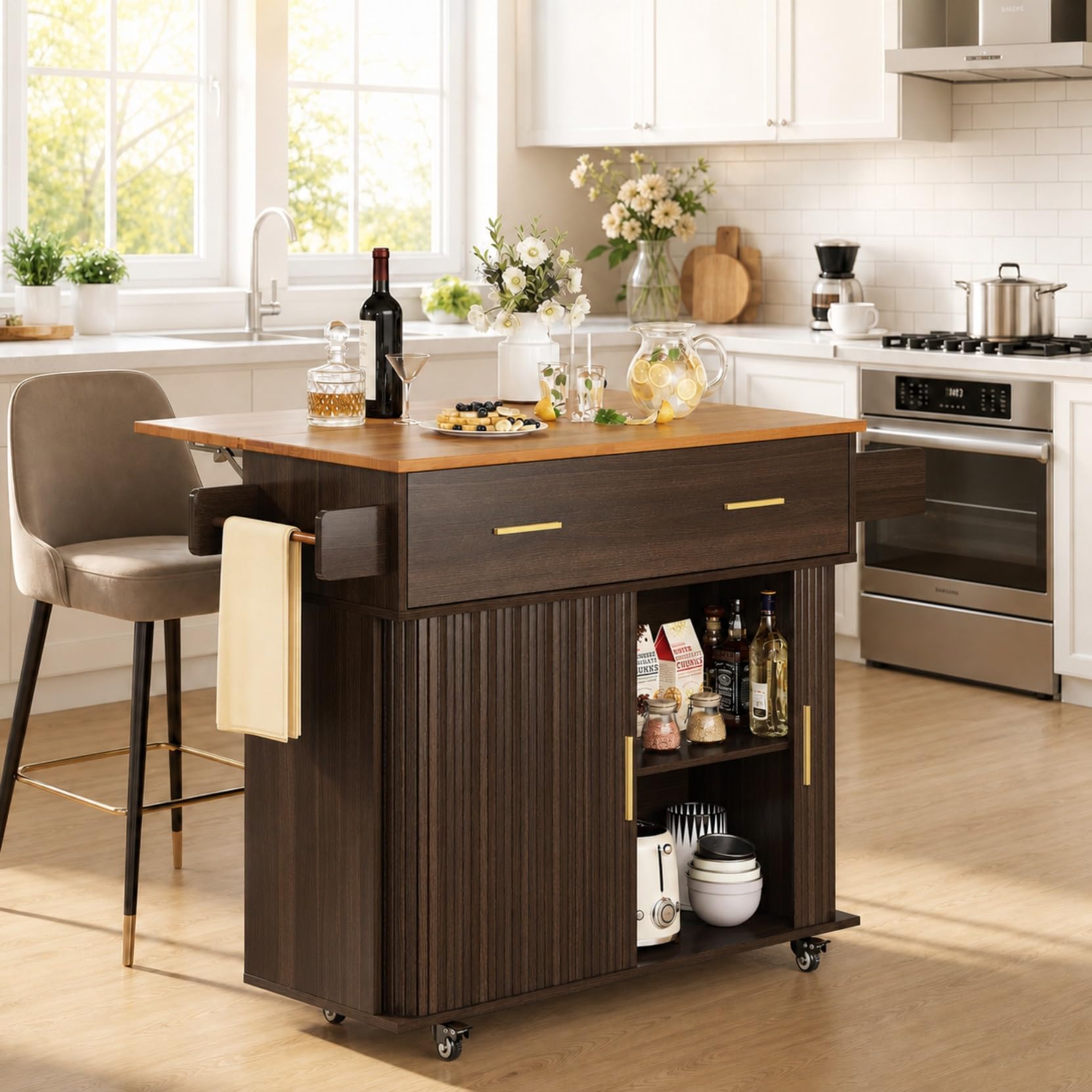 DHH Rolling Kitchen Island with Drop Leaf Countertop&amp;Ample Storage - 39.4" Small Mobile Kitchen Cart On Wheels with Sliding Door,Drawers,Spice Rack &amp; 2-Tier Storage (Dark Walnut)
