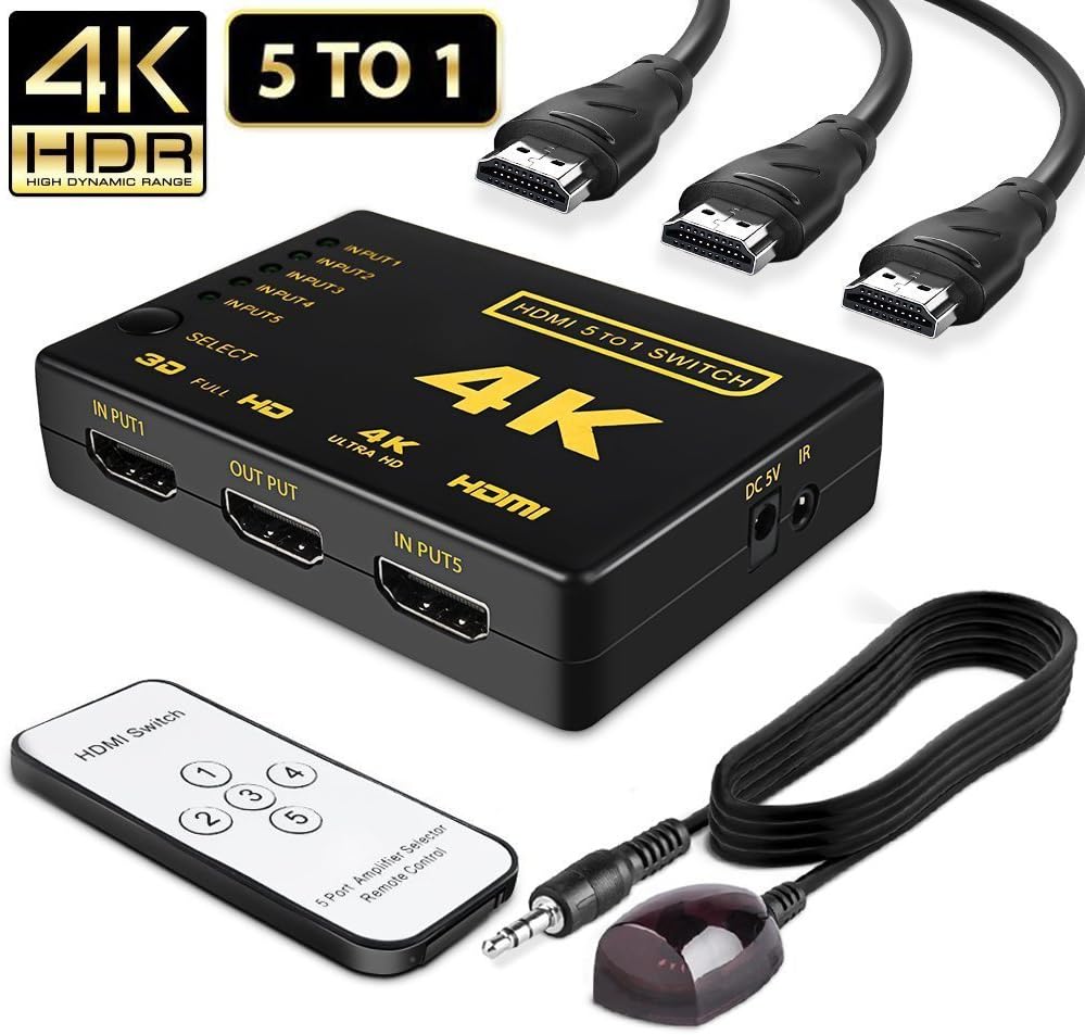 HDMI Switch splitter,Intelligent 5-Ports HDMI Switcher Splitter, Supports 4K, Full HD1080p, 3D with IR Remote
