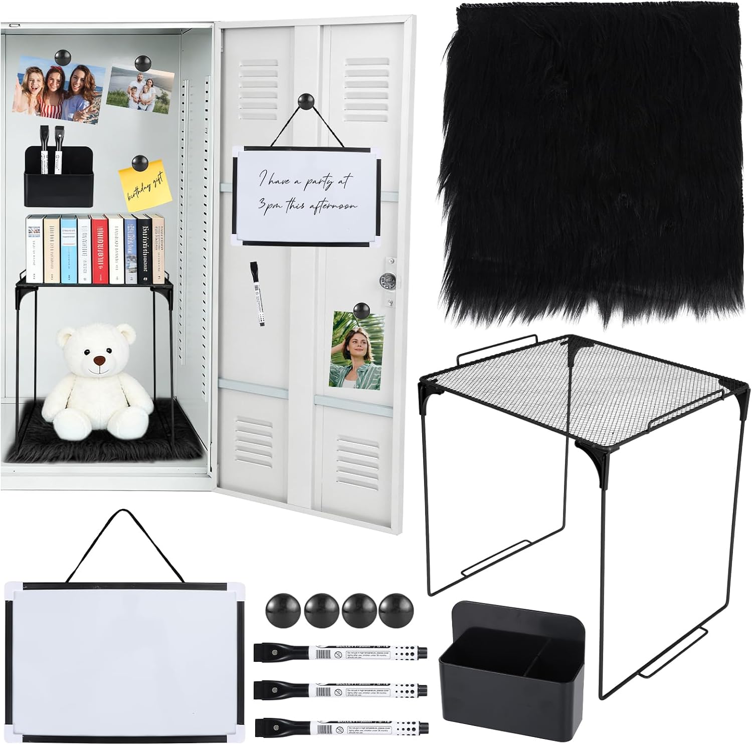 11-Piece Locker Organizer and Decorating Kit, Back to School Locker Shelf Organizer for Girls, Includes Shelf, Whiteboard, Pen Holder, Magnetic Clasps and Dry Erase Pens (Black)
