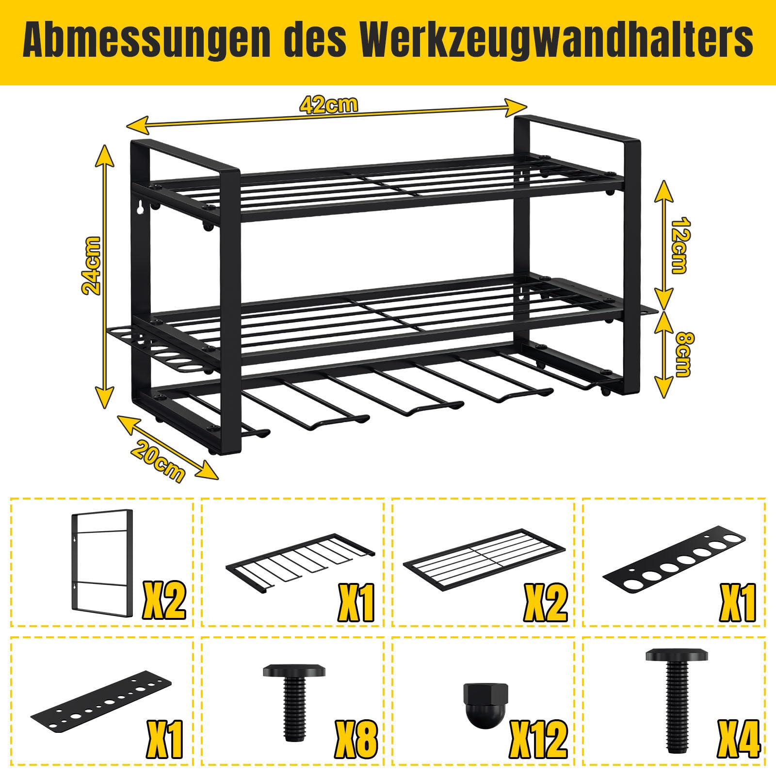 Werkzeug Wandhalterung für 4 Elektrowerkzeug, Werkzeugspeicher Werkzeugregal, 3 Ebenen Werkzeugständer mit seitlichem Schraubendreher-Gestell für Garage, Werkstatt, 40 * 24 * 20cm