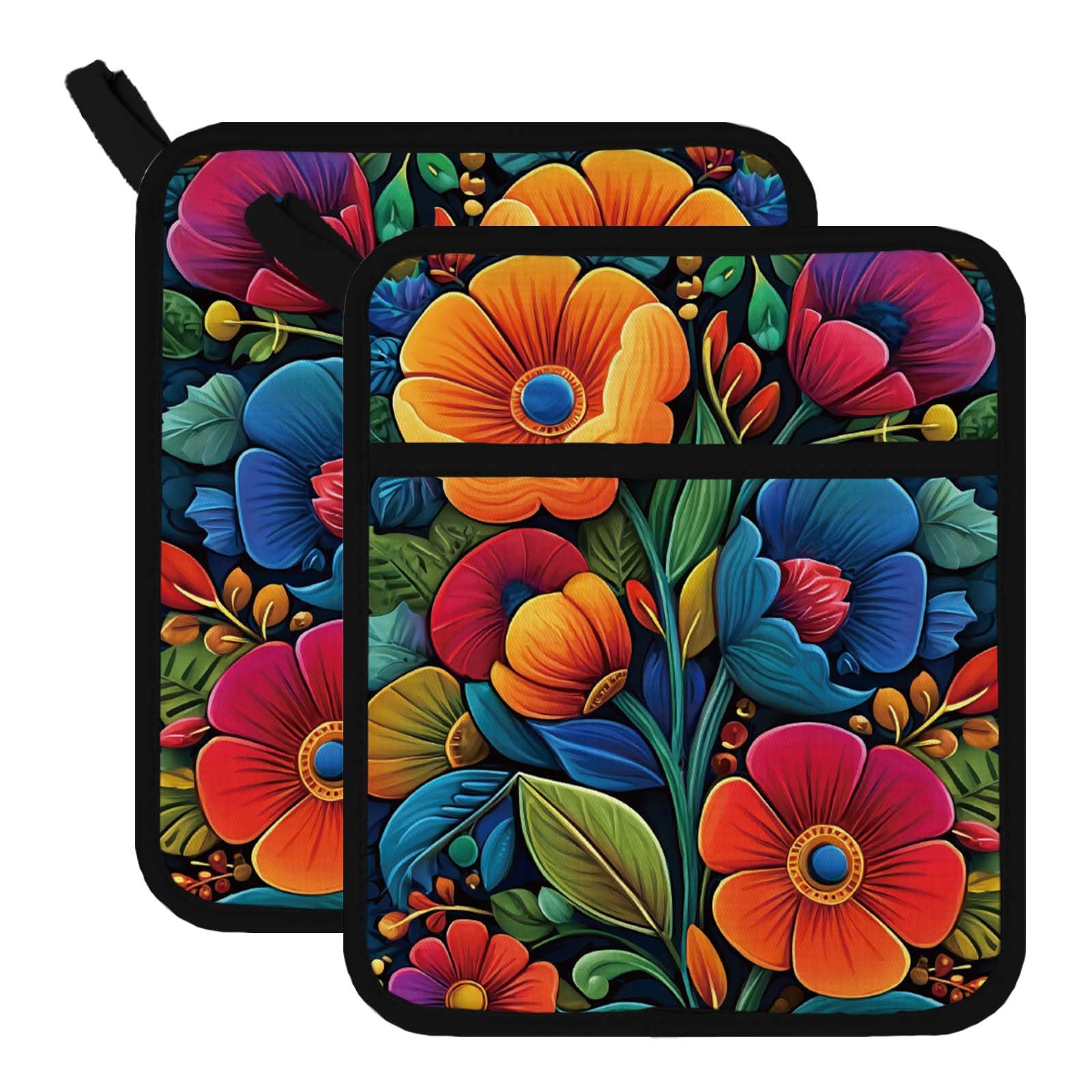 Lot de 2 maniques de cuisine en coton motif floral bohème 20 x 24 cm
