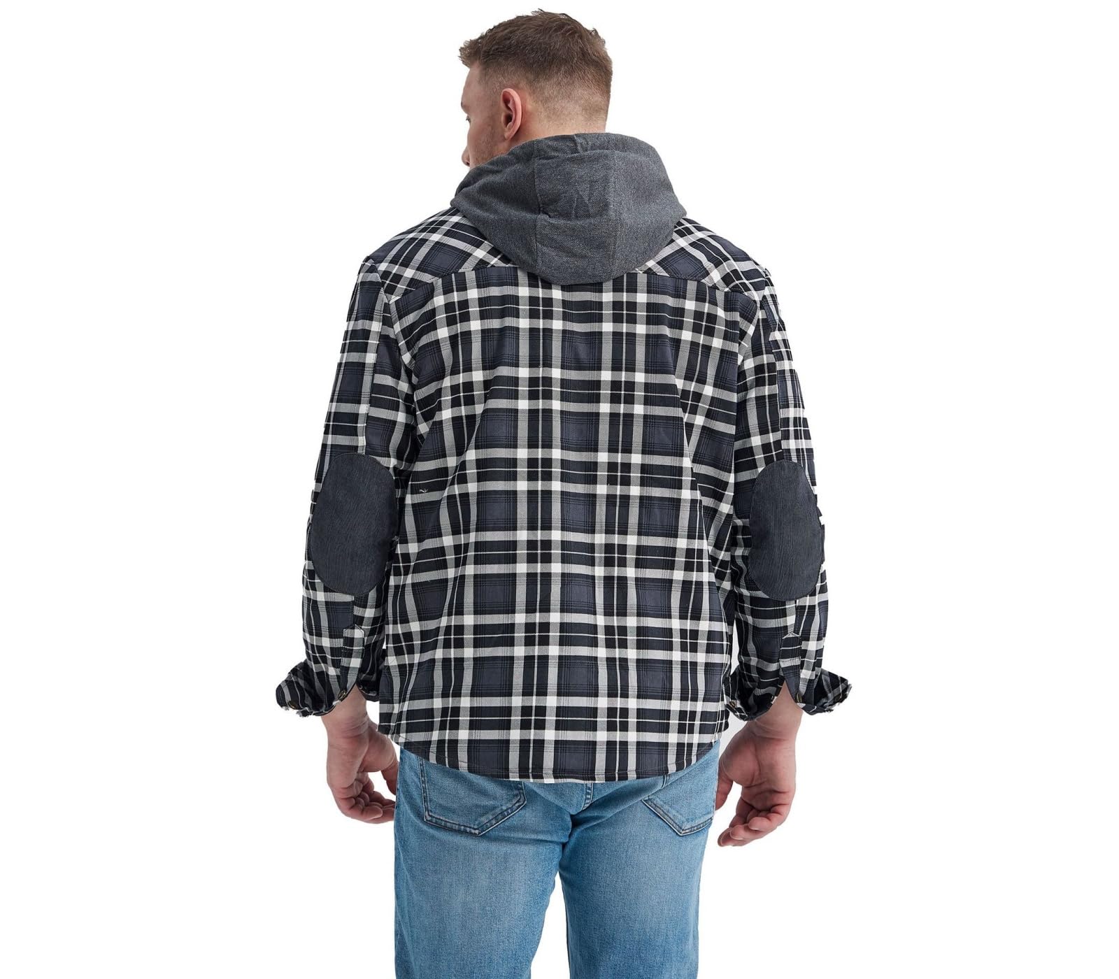 Męska flanelowa bluza z kapturem na co dzień, zapinana na guziki, bawełniana pikowana kurtka w kratę, ciepła podszewka z długim rękawem Sherpa bluza z kapturem męska