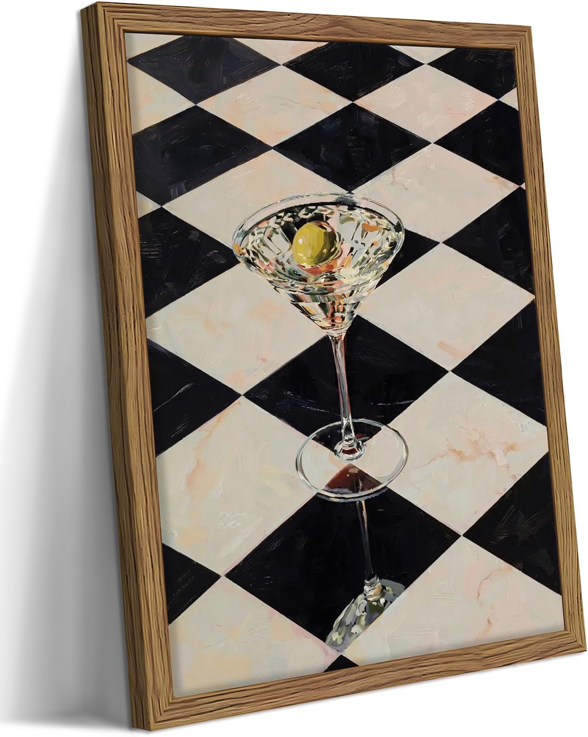 Framed Vintage Cocktail Wall Art, Funky Martini Bar Canvas Wall Decor Painting, Trendy Black and White Checkered Bar Cart Poster Print Picture for Living Room Bedroom 12x16 Inch