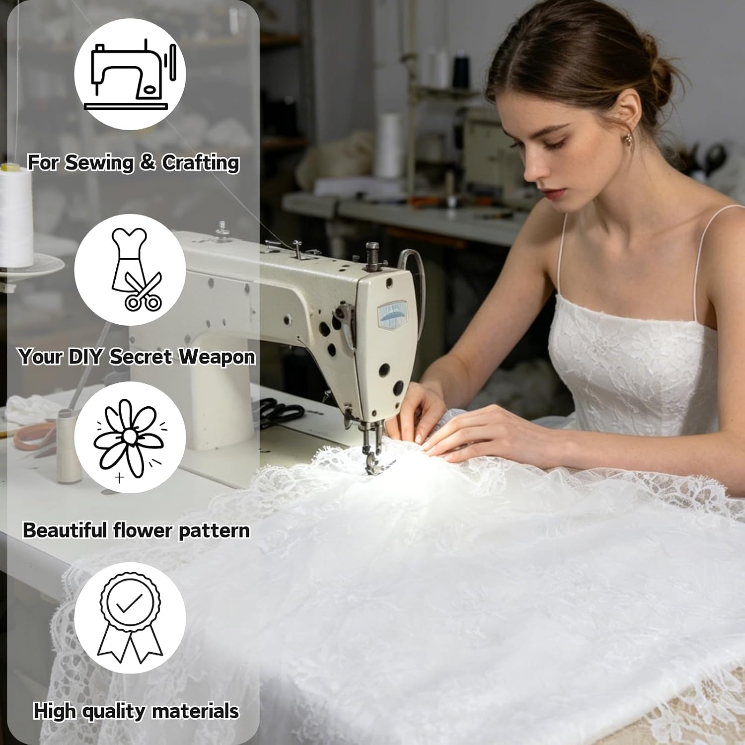 Bijou Joon 3 Yards 2 Pc White 59" W Eyelash Lace Fabric Floral Lace Fabric Tulle Embroidered Encaje Ribbon for Sewing Dress Wedding Craft Vestidos Home Decoration