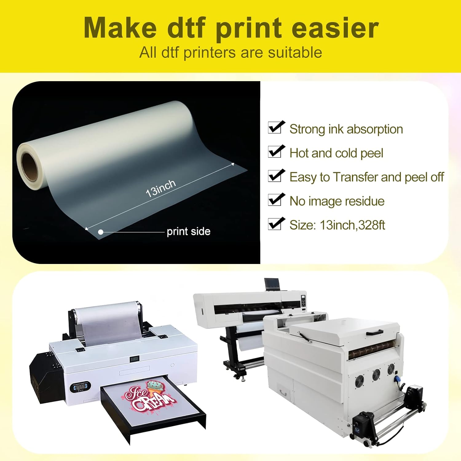 Yamation DTF Transfer Film Roll: 13inch 328 ft Premium Double-Sided Matte Finish PET Transfer Paper Direct to Film